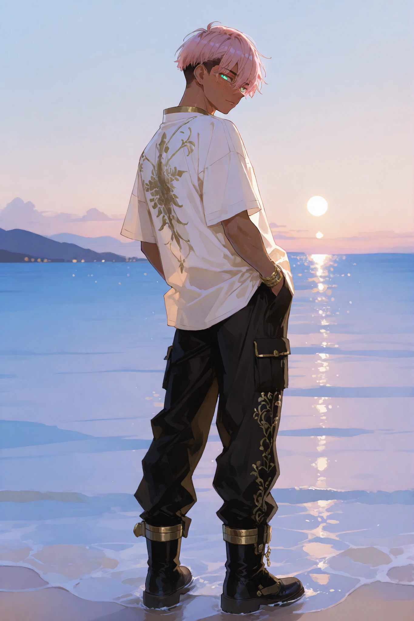 tanned mixed-race black skinned young with freckles, glowing clear glossy skin, short spiky lavender and salmon pink hair , black trimmed undercut taper sides and back behind hair, and sky blue neon eyes, wearing black GI baggy tech modern shirt with gold trim, and very baggy GI black cargo pants with gold accents with tech gold and black boots and shoulder tight bands, standing in a confident manly hot pose , horny silky face, soft golden hour lighting, in a luxury suite background by the serene beach in the water, anime-style, detailed and vibrant, and serene, tone, dawn, full body pic
