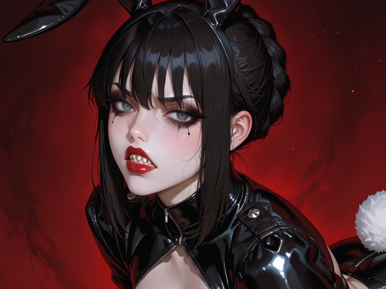 (head only, face only, portrait, from the front, close up) hentai game, anime, best quality, masterpiece, maximum detail, high resolution, (((anime))), (((waifu))), (((hentai))), perfect anatomy, from the front, detailed background, High quality, incredible details, absurd res, ambient lighting, illuminated, female, Portrait of the character with the following traits: Species(Succubus) Age(300 years) Gender(Female) Occupation(Succubus executioner) Height(176cm tall) Hair(Short, straight, white) Skin(Smooth, pale) Face(Small nose, cruel expression, red eyes) Physical features(Black demonic wings, Black demonic tail, Black horns, Thick thighs, Big tits) Outfit(Short leather skirt, Leather bra, Leathaer boots, Leather) Personality(Cold, Sadistic, Violent, Evil, Perverted, Grim)