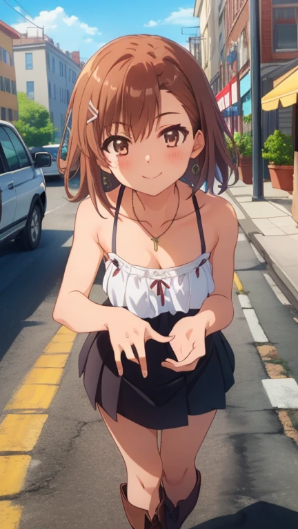 masterpiece, best quality, highres, 1girl, 20 y.o, , chibi, brown hair, ponytail, wear tanktop, shortpants, (nude), (((completely nude))), ((show breast)), ((show nipples)), (flat chest), (visible chest), ((bare chest)), (tanned), hot, sexy, lewd, standing, outdoor, day, sunlight, wearing randoseru backpack, (randoseru backpack:1.1), open_mouth,fellatio_gesture,FellatioGesture, hot, seductive