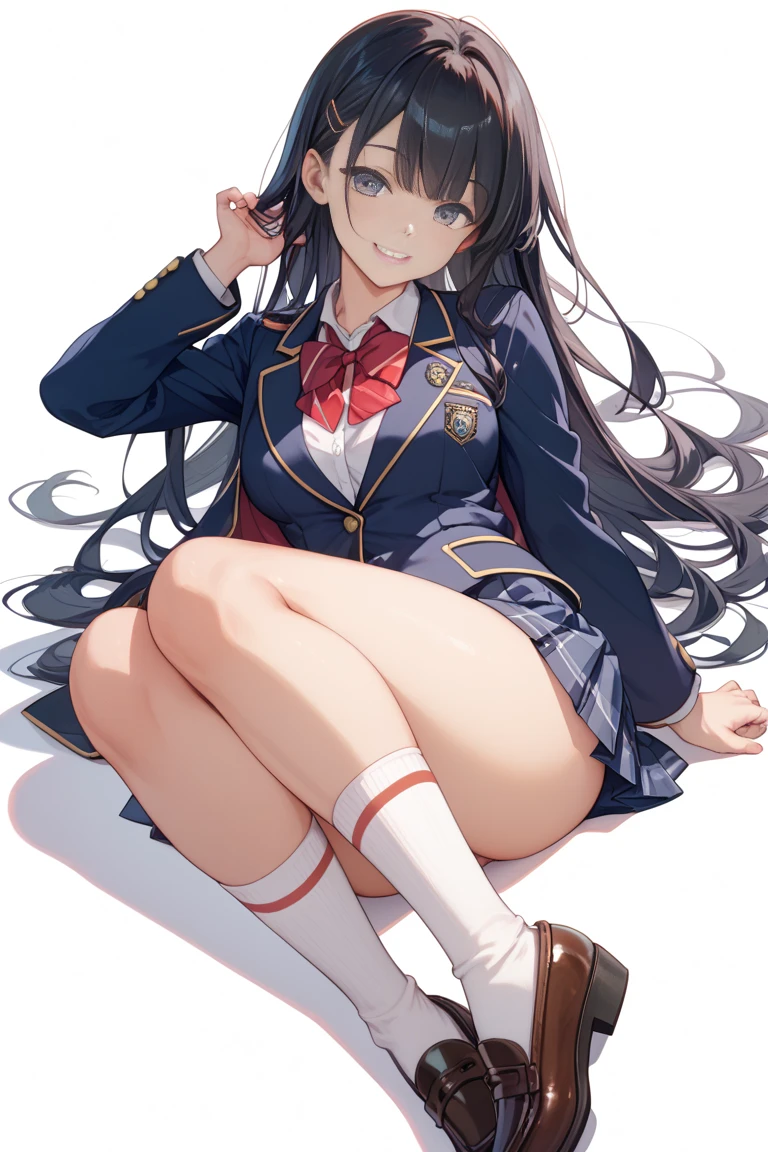 (1) A certain woman、She lifts her skirt to show her white lace panties to her boyfriend..
(2) That woman is a high school girl, She is wearing a uniform of a blazer, miniskirt, and loose socks..
(3) she has a provocative personality, a smiling expression on her face.
(4) Hairstyle is long brown hair.
(5) The location is the front door of the house.
(6) Please use the enlarged composition..
