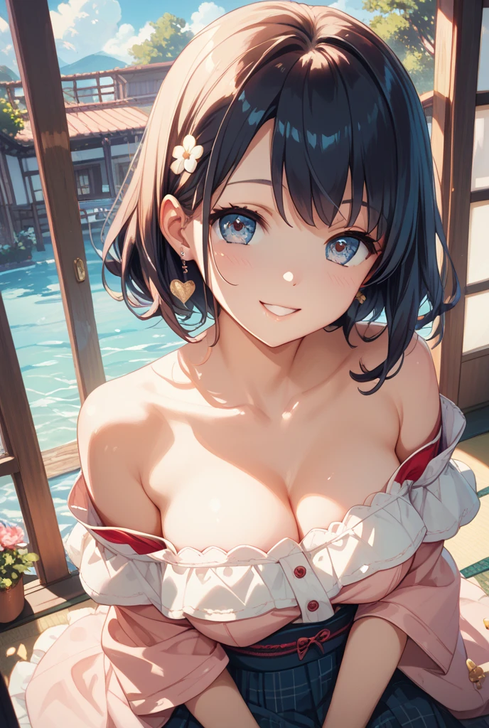 (score_9,score_8_up,score_7_up,score_6_up),masterpiece,best quality, source anime, rating_explicit, (((masterpiece))), (((best quality))), ((ultra-detailed)), ((illustration)), (1girl), (beautiful Japanese woman), (long black hair), (blue eyes), (simple background), (wearing traditional kimono), (detailed face), (perfect anatomy), (detailed light and shadow), (serene expression), (minimalist style),(cleavage:1.1),((shy smile)), (eyeshadow:0.8), digital collaring, (Sun glare;1.2), Bokeh, Depth of written boundary, Blurred Background, Particles of light, Strong winds, glossy skin, spotlight, natural right, (iridescent light:1.5), wearing black bra, (bloom:1.5)