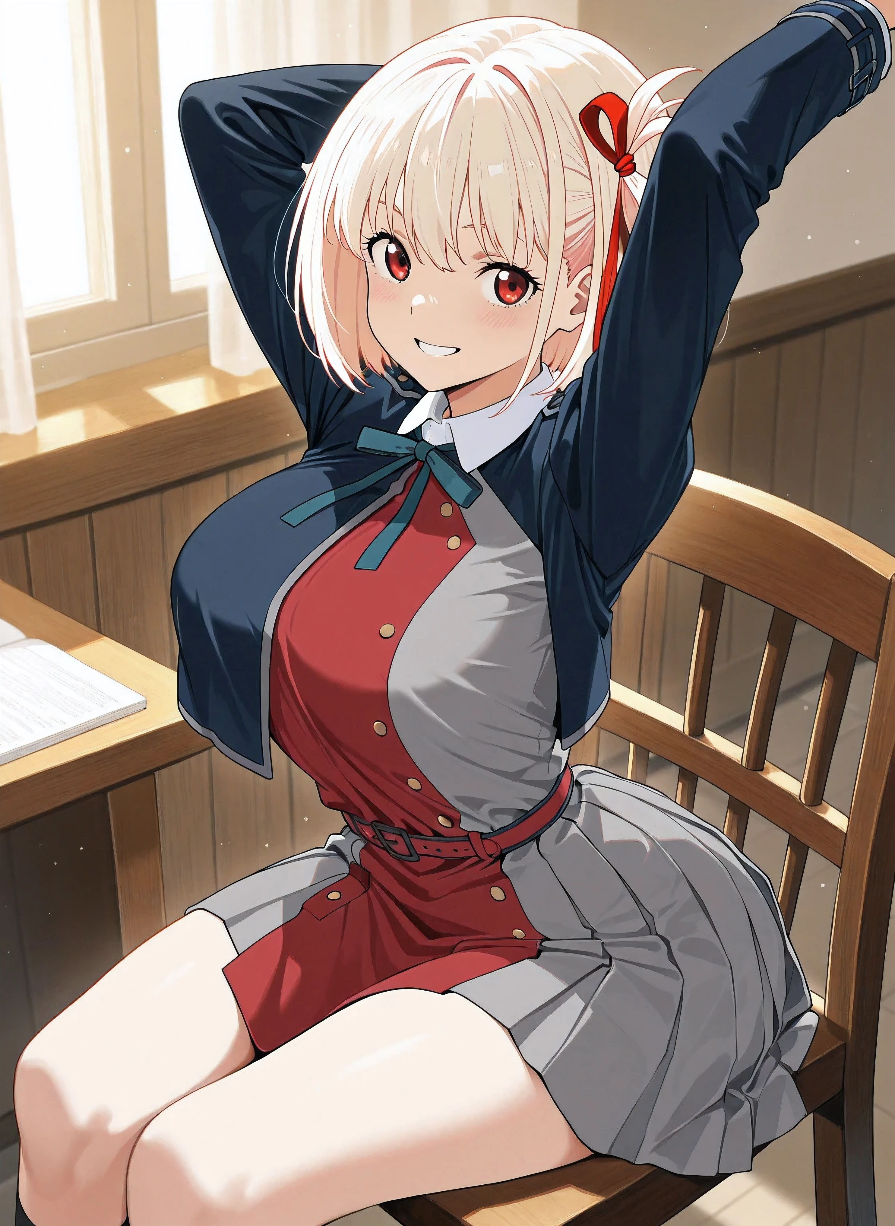 masterpiece, Highest quality, One girl, game cg nishikigi chisato, Bobcut, Hair Ribbon, Uniform sake, Two-tone dress, Red dress, Grey Dress, Neck ribbon, Long sleeve, Large Breasts,Dark bedroom, Wink, Are standing,, Open your mouth, Happy, smile、OK near the mouth、Sticking out tongue