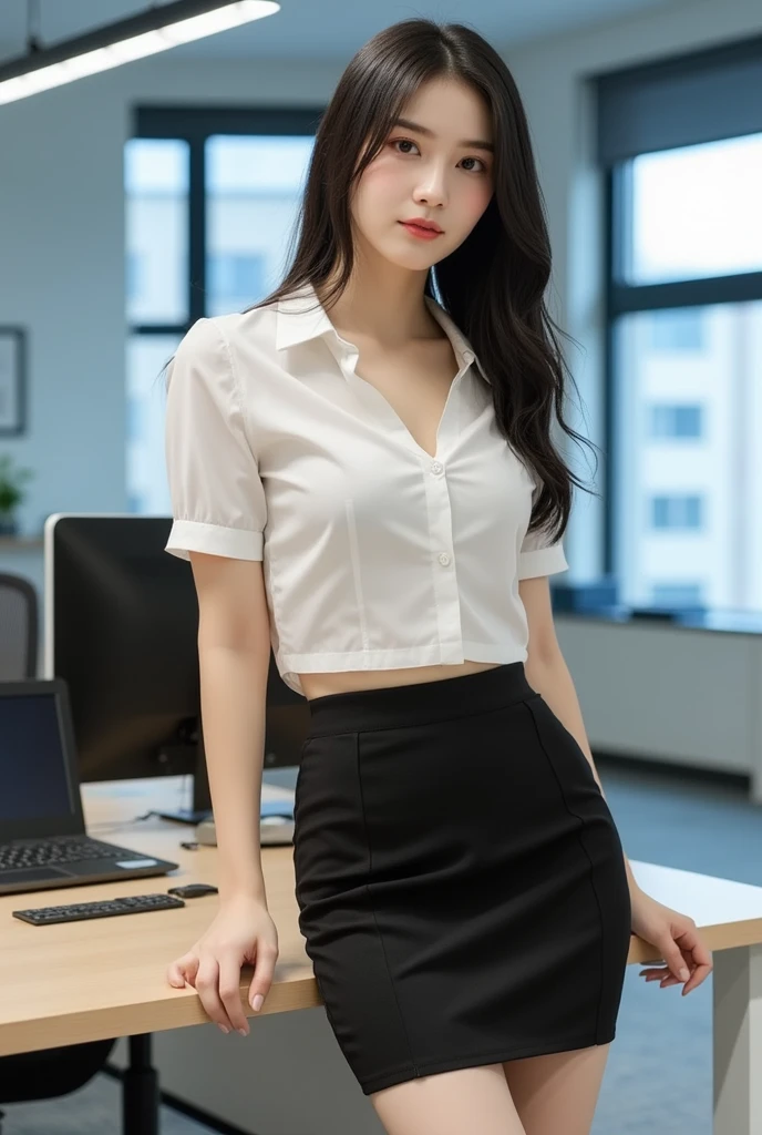 1girl, office lady, 20 years old girl, wearing shirt(white) wearing leggings, extremely details leggings, office fashion, office style, office outfit, at the office, while working, cinematic light, photorealistic, realistic, sun rays