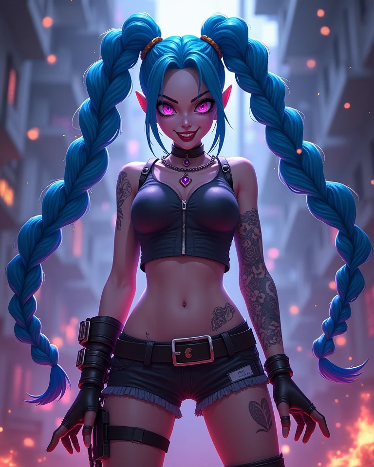 A (((full-body))), ((ultra-detailed)), ((masterpiece)) fantasy art ((illustration)) of (((Jinx))), a ((League of Legends)) character, in the style of the video game. She is wearing a very skimpy outfit, revealing ((massive cleavage)), exposing her midriff, and leaving her ((very thin thighs)) completely bare. Her porcelain skin is shiny with a ((sheen of sweat)). She is on standing in a provocative pose that shows off her ((skinny thighs)) and ((huge breasts)) as well as her bare feet. Her (((whole body from head to toe))) is shown.