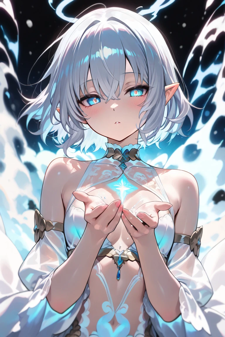 short black elf。Beautie。high-level image quality。Beautiful eyes。soio。well-styled。Hanging eyes。18year old。less exposure。Short Bob。A dark-haired。Light blue eyes。Smiling。Naturally eroded background。mystical。Wearing pure white clothes。