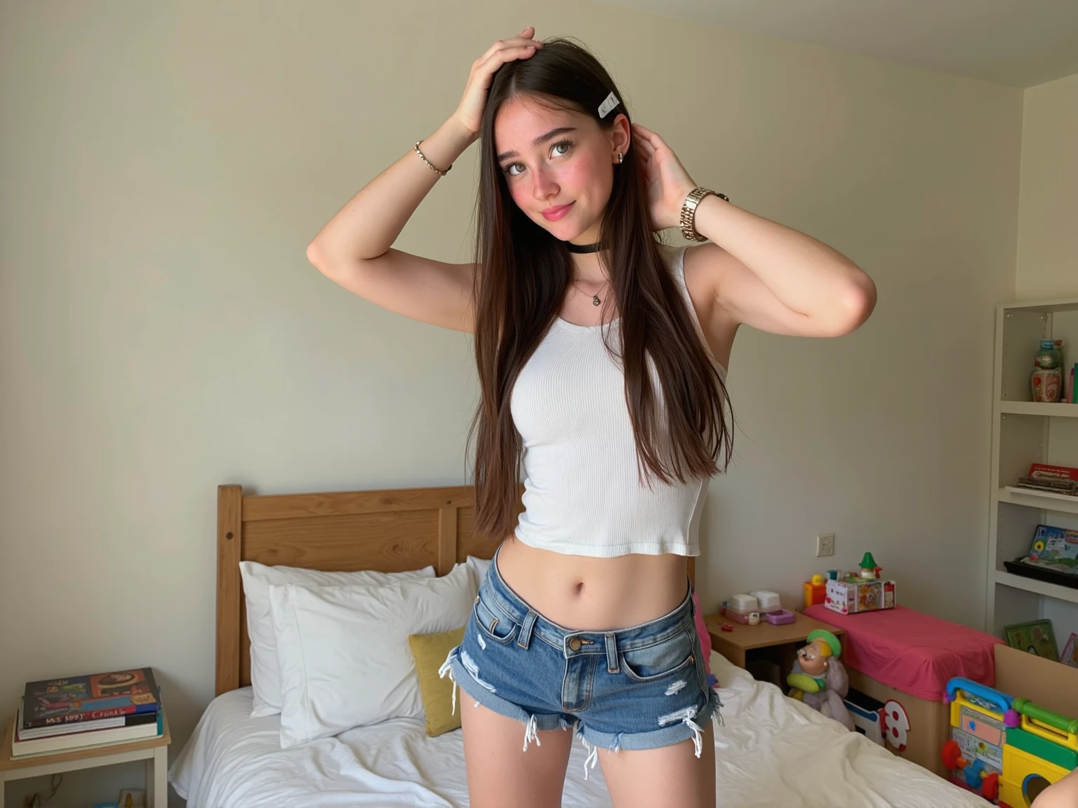 (((young girl))) ((12-year-old girl)) wearing a red off-the-shoulder lace top, and black jeans standing in a bedroom