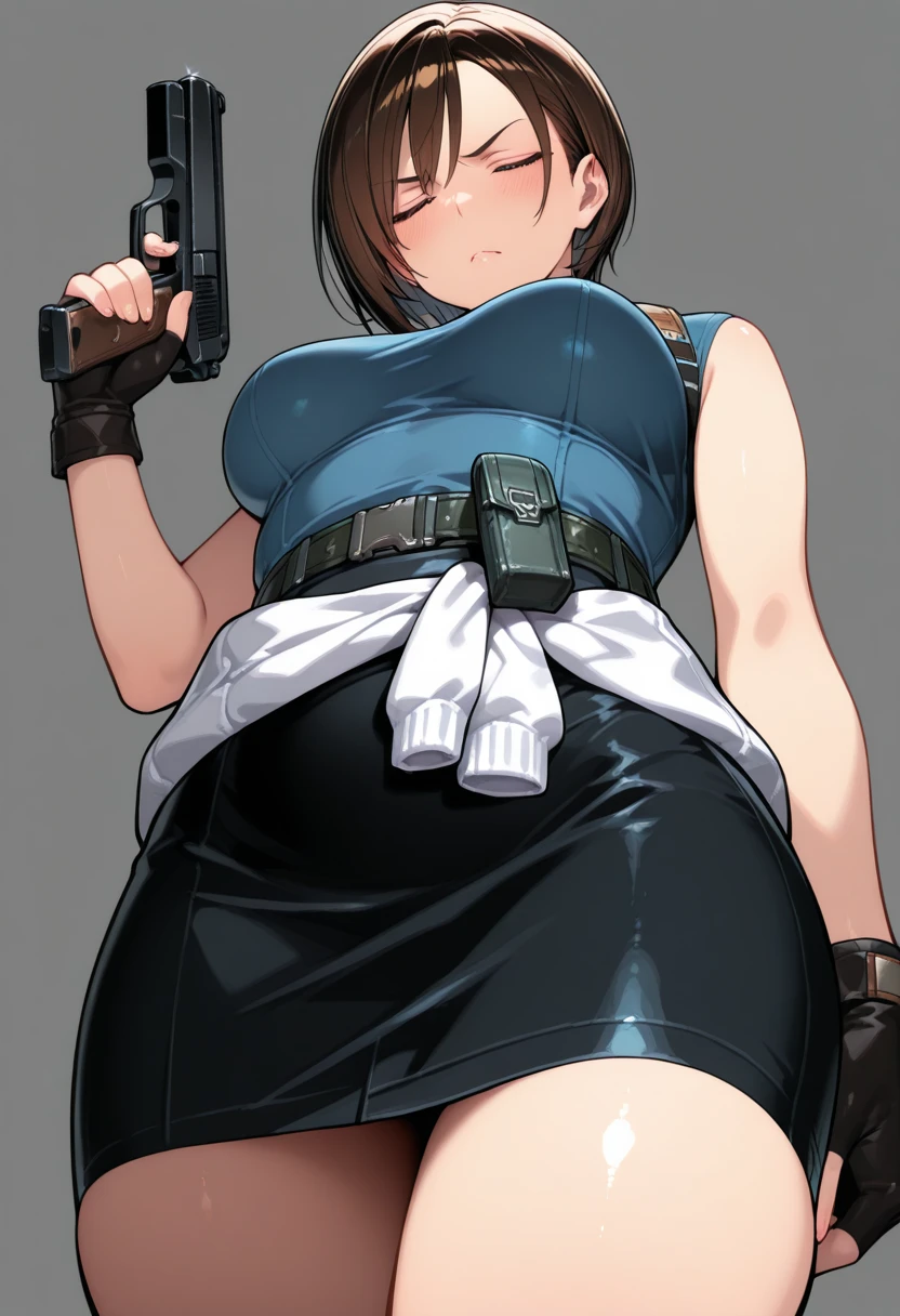 vscore_9, score_8_up, score_7_up, score_6_up, score_5_up, score_4_up, 2d, anime, anime artstyle, flat coloring, thick lines, highleg panties, thong, groin, string panties,  <lora:Bitchy_highleg_panties_-_SDXL_Illustrious:1>, bitchpanties, 1girl, solo, breasts, looking at viewer, smile, short hair, blue eyes, large breasts, simple background, brown hair, gloves, white background, navel, holding, cleavage, underwear, panties, weapon, heart, thighs, black gloves, fingerless gloves, holding weapon, hand on hip, gun, black panties, tattoo, tank top, holding gun, handgun, arm tattoo, shoulder tattoo, white tank top, thick thighs, wide hips, plump