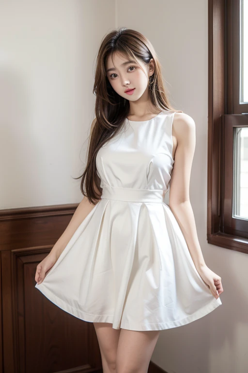 Red-haired slim curvy anime girl 167 cm tall in a white dress