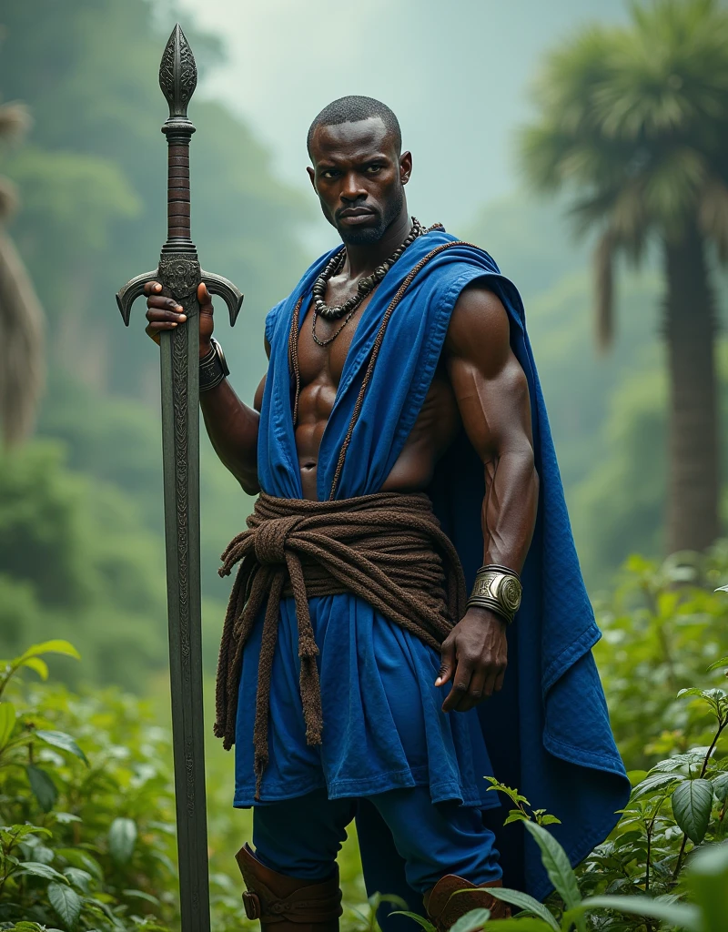 ancient african warrior in the middle of the forest fighting with a sword in his hand