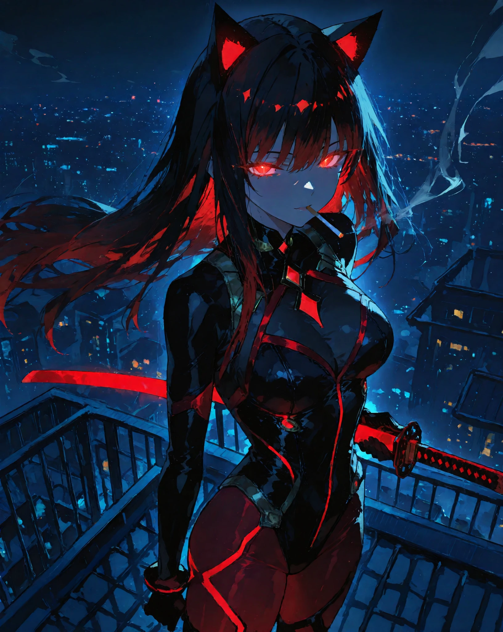 a mysterious and cool anime-style heroine with cat ears, long black and red two-tone hair, wearing a sleek futuristic hero costume, glowing accents, holding a katana, standing on a rooftop at night, city lights in the background, wind blowing her hair, cigarette in her mouth, confident and rebellious expression, glowing eyes, epic and dark atmosphere