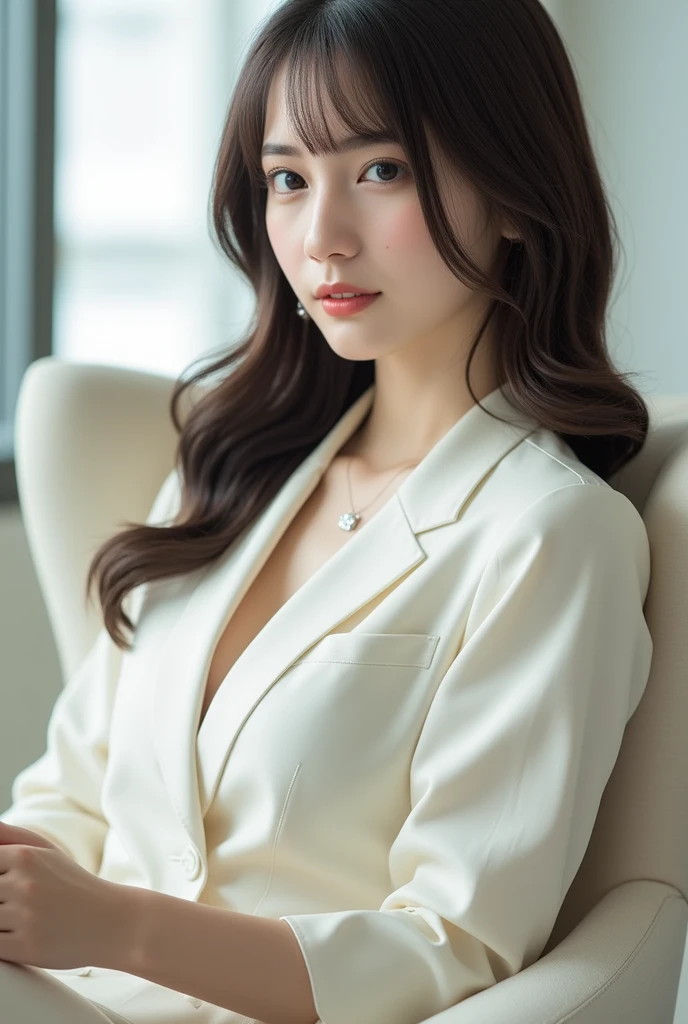 disorganized, RAW photo, very delicate and beautiful, masterpiece, highest quality, ultra high resolution, 16k, surreal, super detailed, perfect anatomy, super dense skin, perfect figure, Highly detailed CG 8k wallpaper, 20's, very slim body, (tight waist), very small head, very small face, delicate features, tearful mole, mole on chest, earrings, thin legs, (very huge round breasts:1.2), full body shot, short middle hair, wavy hair, suit, collared dress shirt, barefoot, (blazer),