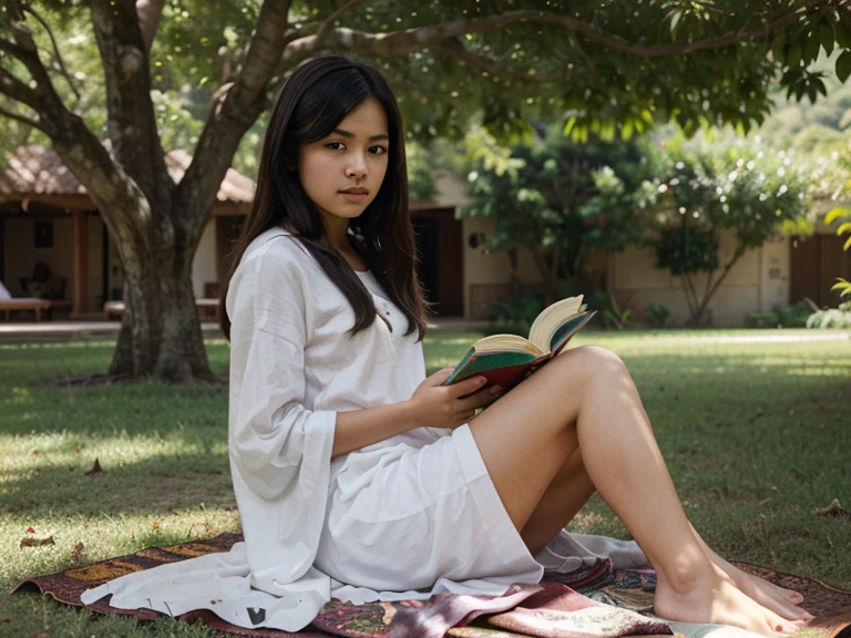 Raw close-up shot of an with long black hair sitting under a mad willow tree with her legs stretched out and wearing a red floral shirt reading a book