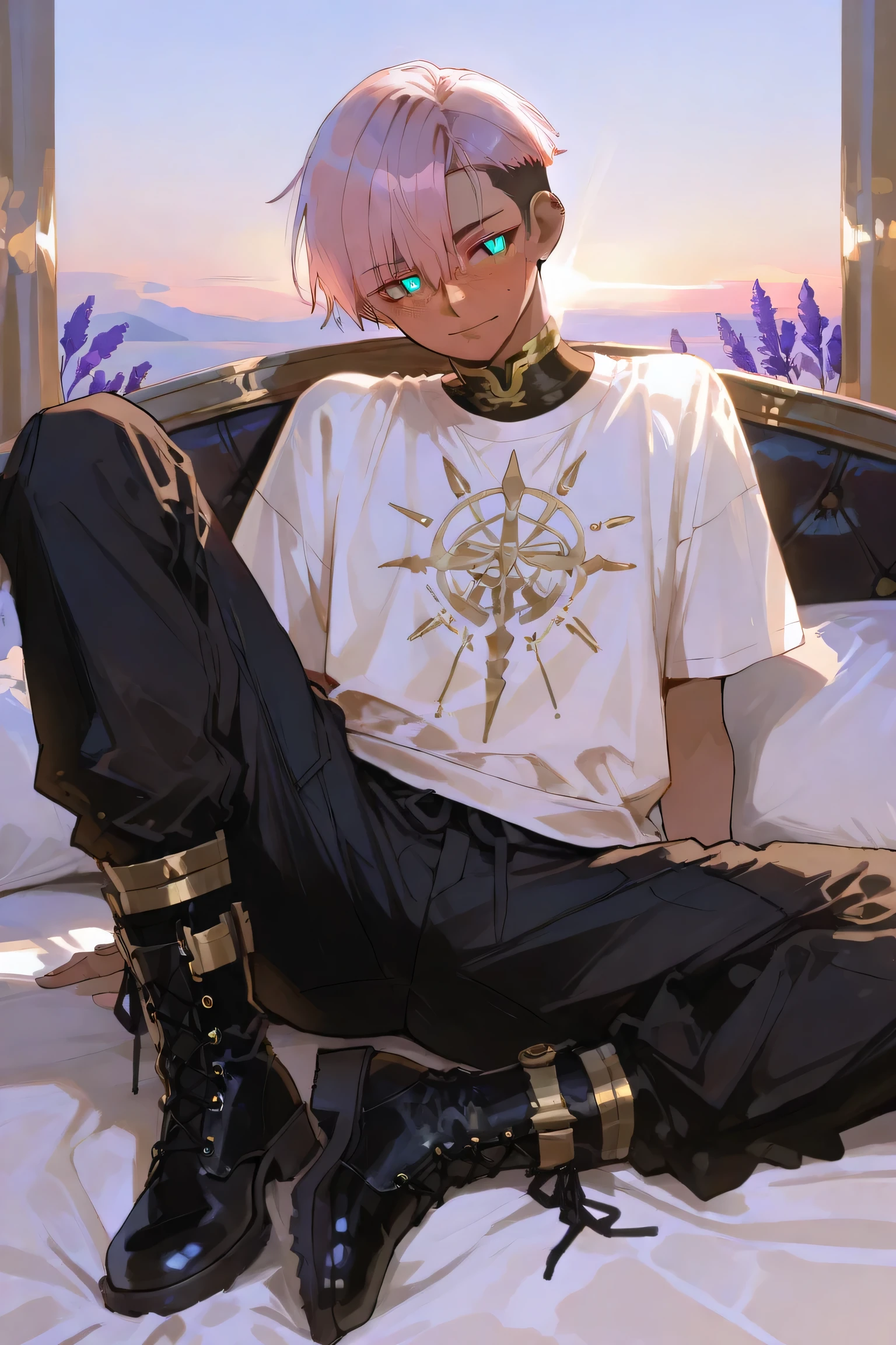 tanned mixed-race black skinned young with freckles, glowing clear glossy skin, short spiky lavender and salmon pink hair , black trimmed undercut taper sides and back behind hair, and sky blue neon eyes, wearing white GI baggy tech modern shirt with gold trim, and very baggy GI black cargo pants with gold accents with tech gold and black boots and shoulder tight inside sleeve, in a confident manly hot pose spread legs , horny silky face, soft golden hour lighting, in a luxury suite background in his bedroom , anime-style, detailed and vibrant, and serene, tone, dawn, full body pic,
