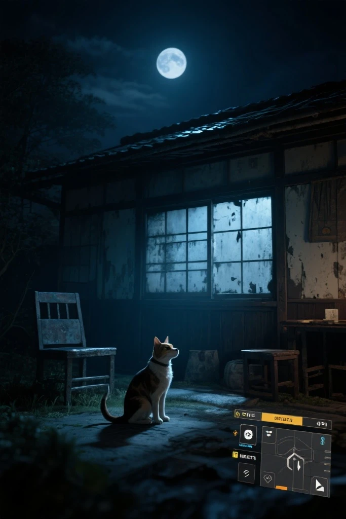 highres, absurdres, detailed background, cat, dog, User Interface of fps game, night, japanese house, deteriorated furniture, windows, moonlight, good lighting, cinematic shadow,