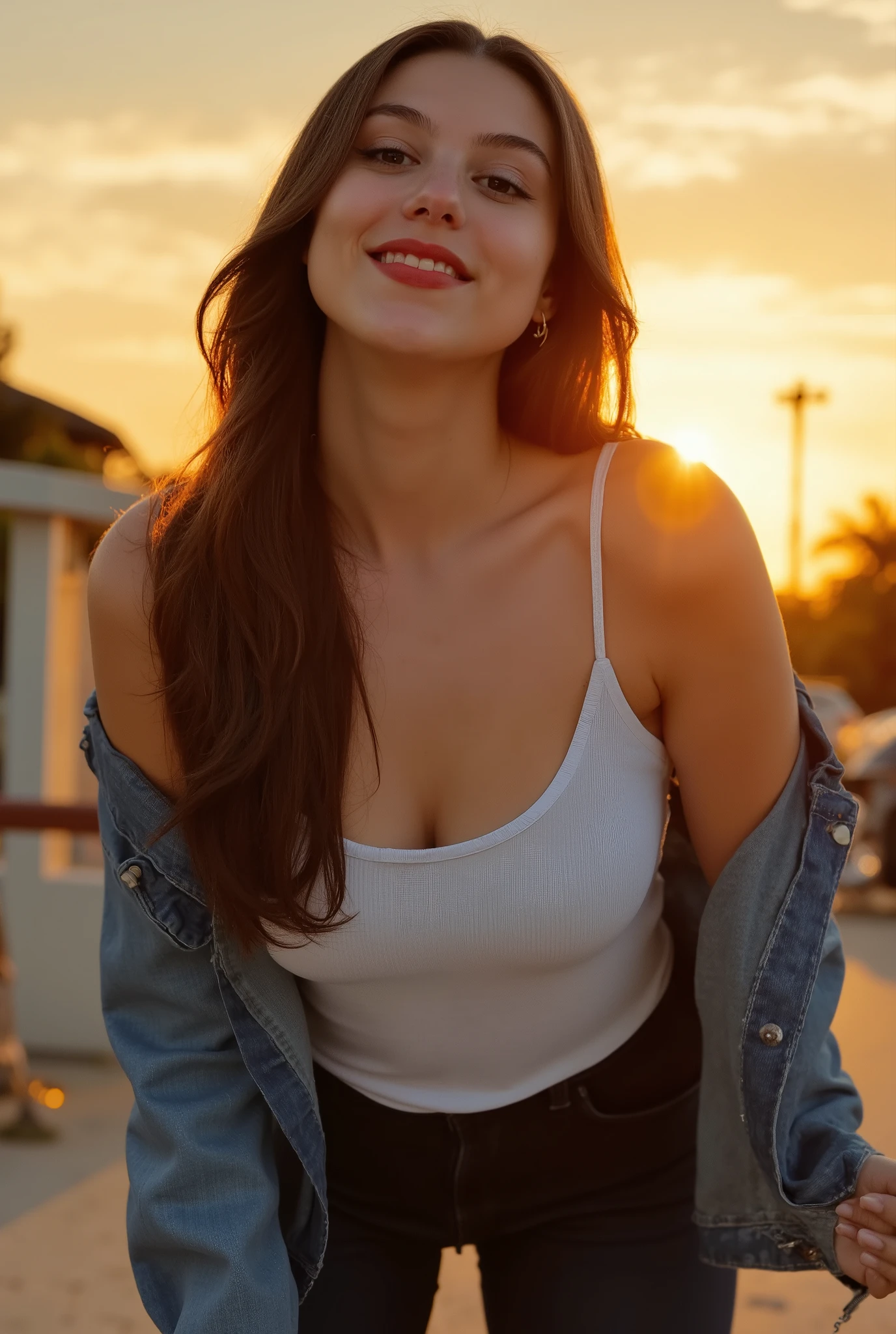((kira korasin, big breasts)), A high-resolution photo of kodak style with subtle impressionistic undertones, featuring refined, elegant brushstrokes and a warm, sensual atmosphere. A woman leans forward, her face inches from the camera, as she smiles directly into the lens with a confident, inviting gaze. The warm glow of the setting sun streams down from above, illuminating her face and casting a subtle, alluring radiance on her features, and her eyes sparkle with a hint of quiet intimacy and playful flirtation. Her long brown hair is styled in a wavy, sensual fashion, framing her face and accentuating her features, and her lips are painted a deep, bold red as she smiles, her expression drawing the viewer in with an irresistible sense of charm and seduction, as if sharing a secret or whispering a sweet nothing in their ear, and her white t-shirt and dark skinny jeans are subtly rumpled, as if she's just leaned in close to whisper a confidence, her denim jacket slipping off one shoulder as she gazes up at the viewer with a look of playful, flirtatious invitation.