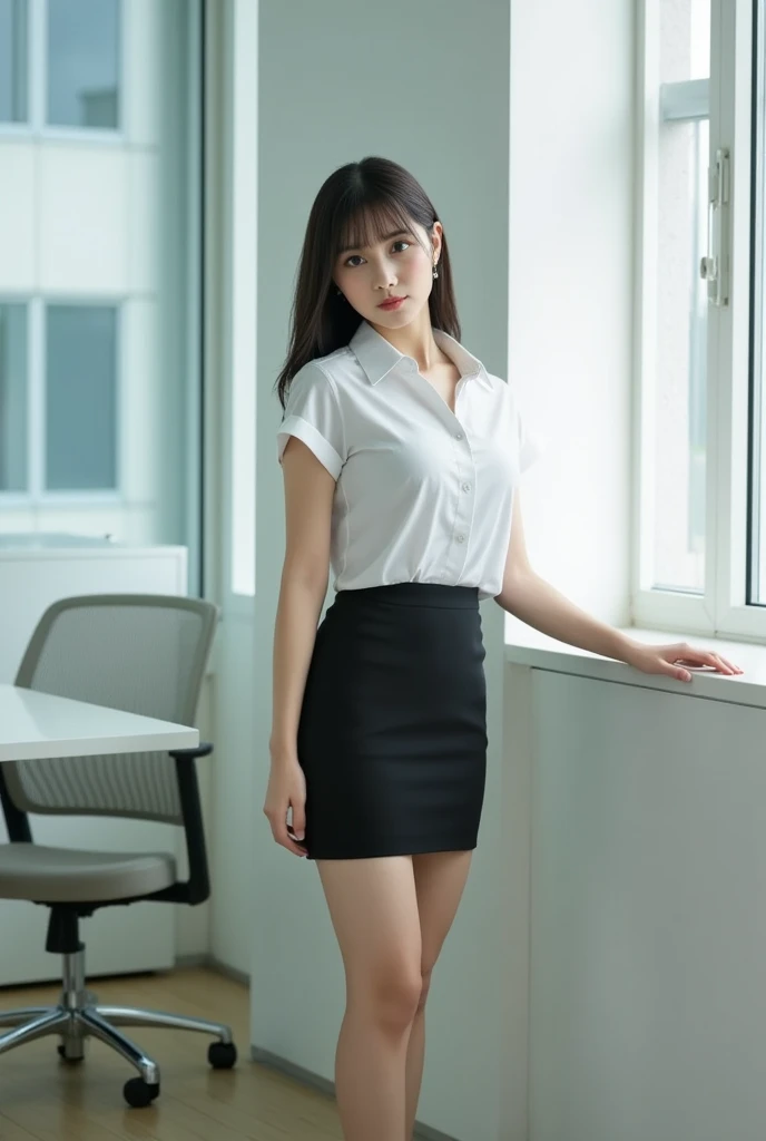 ((top-quality、​masterpiece、photographrealistic:1.4、in 8K))、Beautuful Women１a person、25years old、delicate and beautiful face、Eyes and faces with detailed 、(Modern workplace with computer:1.2)、(Shirt:1.2)、(standing:1.2)、A smile、Beautiful lighting、Textured skin、Super Detail、high detailing、High quality、hight resolution、（looking at the viewers）、Detailed mouth、Opening Mouth、full body Esbian、tight skirts、Women at work、Fishnet Stockings、Coffee、window、Women who can work、high-heels, short hair 