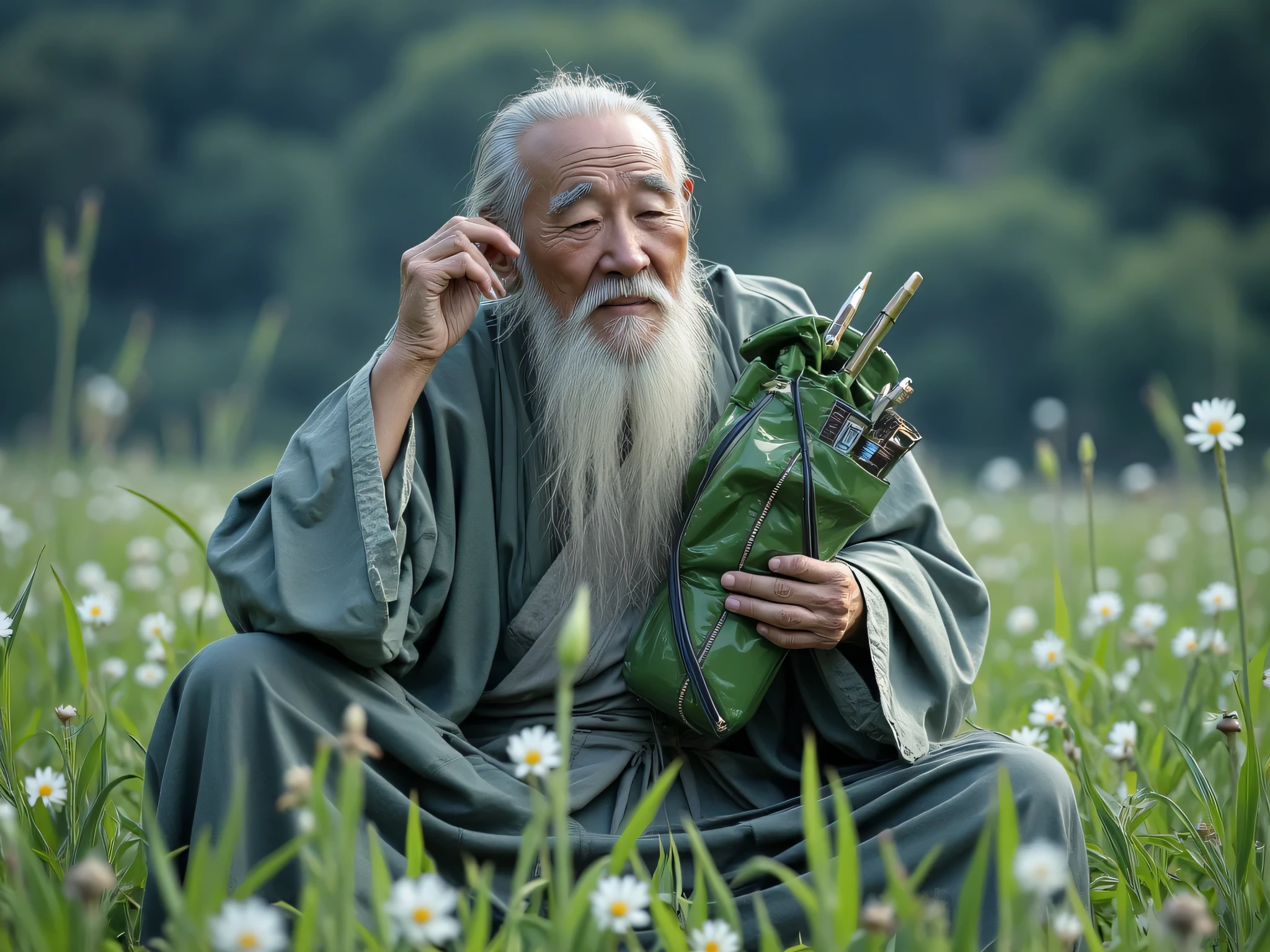 An old Buddhist monk with a very long white beard and very long mustaches sitting on the edge of the lake with a Bamboo plant in the background and two frogs on the side
