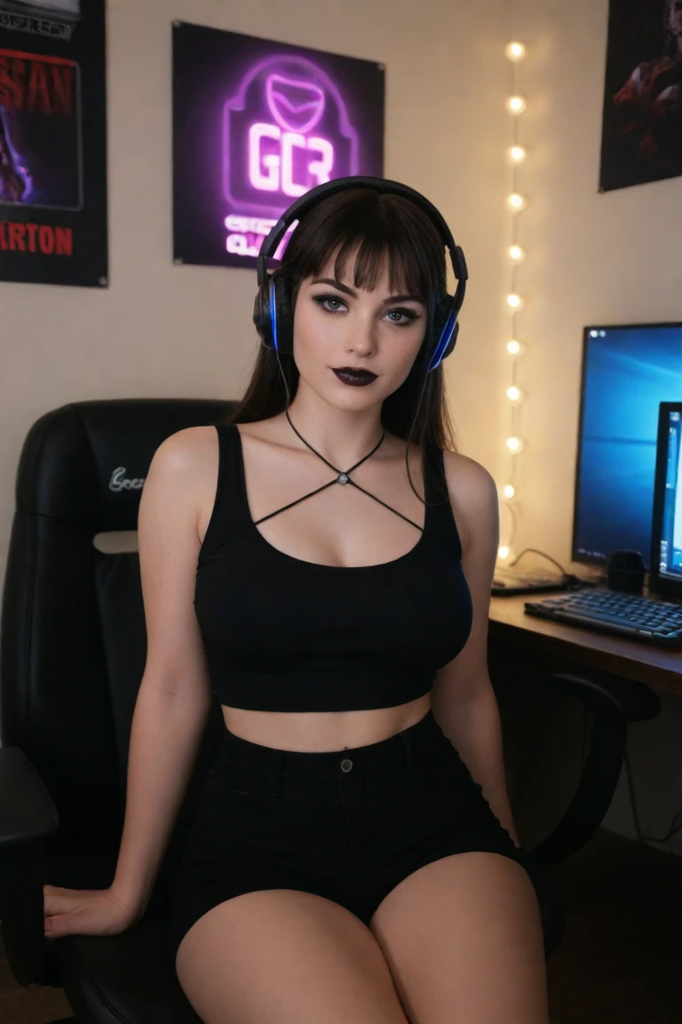 stunningly gorgeous busty e-girl wearing headphones sitting at a computer desk, goth makeup, large droopy breasts, listening to music, sitting in front of computer, sexy girl wearing headphones, dyed hair, with headphones, wearing headphones, wearing low cut purple t-shirt, colorful clothes, smirking, wearing headphones, wearing modern headphone, listening to godly music, wearing a gaming headset