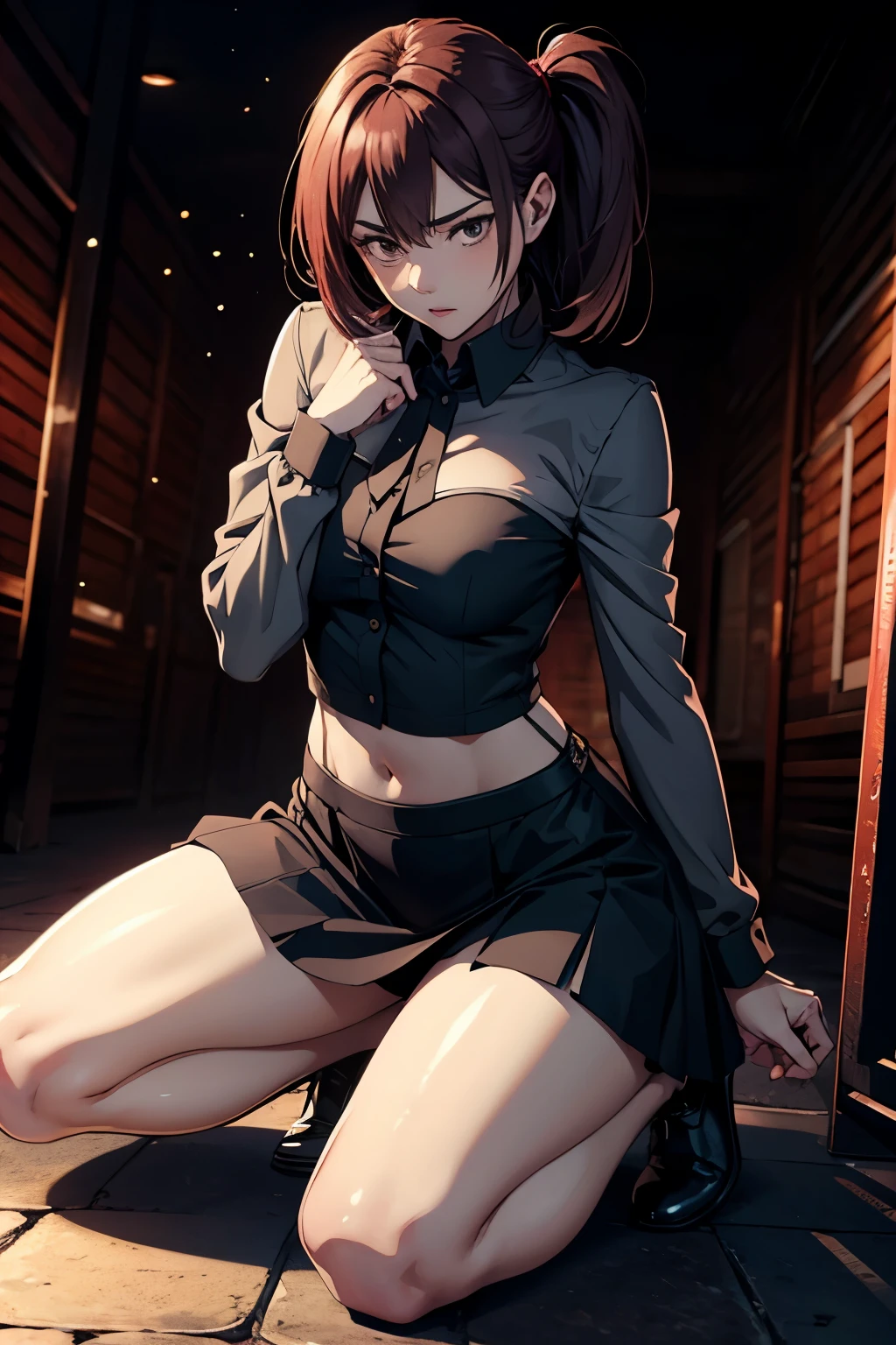 Nishikino maki, Purple eyes, slightly big breasts, bangs,white shirt, short black shorts, dark brown pantyhose, necktie, standing, dark room lightened by candlelight, detailed navel, midriff, (sweating:1.2), (sweat drops on her abdomen:1.2)