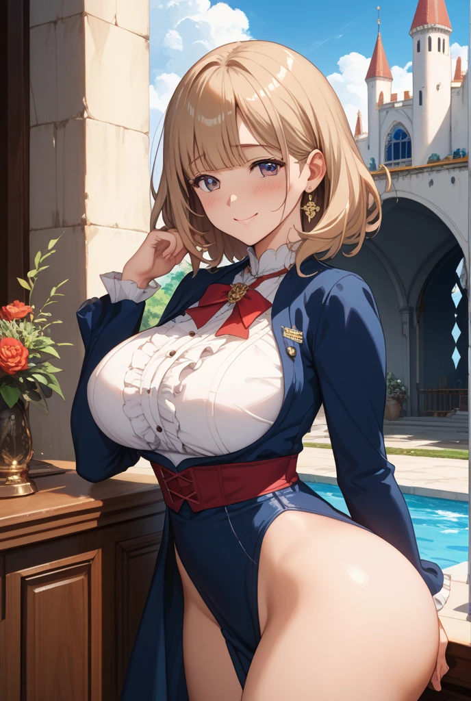 Highest quality、High resolution、Detailed Background、(Beautiful face in every detail:1.4)、Anatomically correct、(Normal number of fingers:1.2)、Highly detailed face、(Detailed eyes:1.2)、Teenage beauty、(Huge breasts:1.2)、Perfect body line、Light color hair、Braided bob cut、ponytail、Wavy Hairstyle、well-groomed eyebrows、Glasses、Sailor suit、JK Uniform、Pleated skirt、White Stockings、A big smile、blush、Accentuate your cleavage、Accentuate your breasts、
(The button on her uniform is broken and her breasts are spilling out:1.5)、(View from below of a girl sitting at a desk:1.5)、(Underboob:1.3)、Panty shot、cute