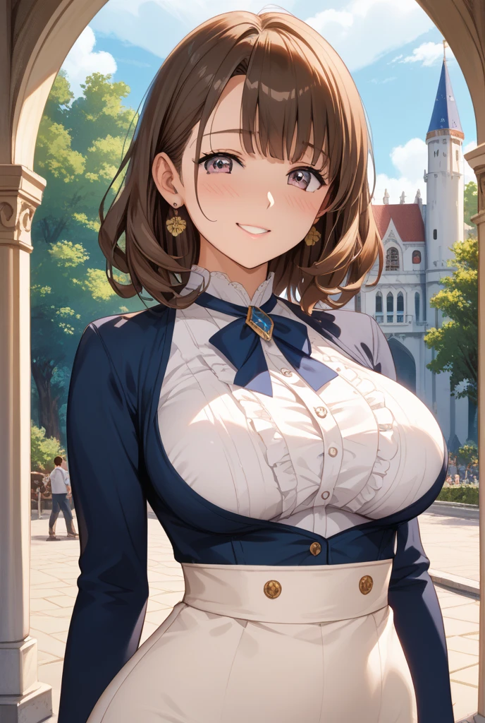 masterpiece, best quality, <lora:ryoukanarusawa-on-richy-v1:1> ryouka <lora:gmuniform2-nvwls-v1:1> gmuniform, blue thighhighs, gigantic breasts, garden, looking at viewer, smile