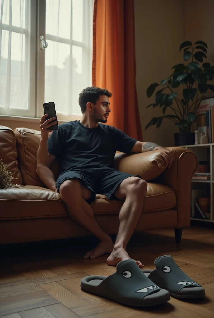 sad bearded man playing on his cell phone sitting on a sofa with the room all messy with television on mice eating pizza that is on the floor