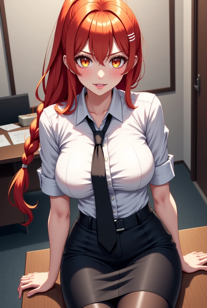 Best quality, Masterpiece, 8k, woman, (Makima from chainsaw man), 20 Years old, half body, ginger braided hair, bangs, detailed yellow eyes, (blush), (v-shaped eyebrows:0.8), angry face, huge breasts,(curvy:1.1), cleavage, (white shirt), (tight black miniskirt), living room