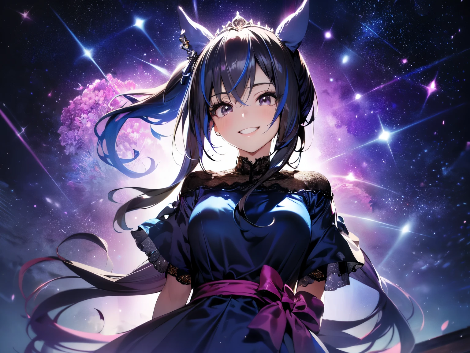 Solo. Girl. (With horse ears: 1.5). (With horse tail: 1.5). (Slender. Nice breasts: 1.5). (Black hair: 1.5). (Arms down: 1.5). (Hands behind back: 1.5). (Blue short sleeve dress with beautiful sheer lace: 1.5). (Wearing a beautiful tiara: 1.5). (Black gloves with beautiful sheer lace: 1.5). (Black pantyhose with beautiful sheer lace: 1.5). (Smiling. Looking at camera: 1.5). (2DCG artwork). (Purple background. Amethyst crystals. Starry sky: 1.5). Exquisite anatomy. (Amazing. High quality. High resolution). (Upper body)