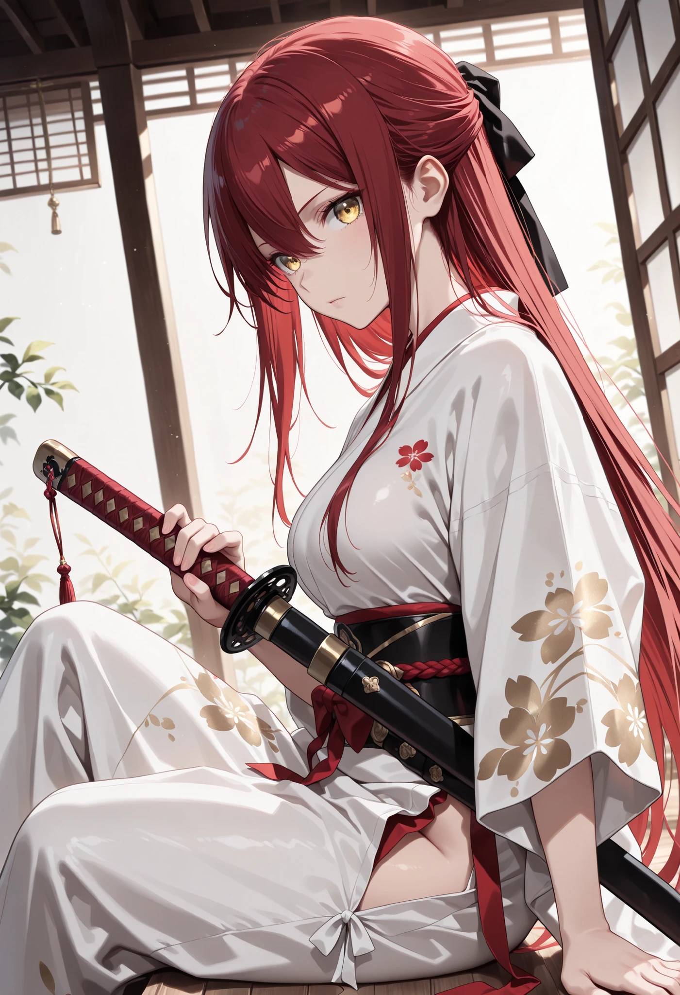 1 girl , golden eyes , very long hair , long sidelocks, red hair ,half updo, petite , very cute , beautiful ,Straight hair, cool, handsome, hair between eyes, sexy, ((medium large breast))
((japanese clothes)), samurai, katana, holding katana, sitting, looking at viewer,
(masterpiece:1.2), (best quality:1.2), (very aesthetic:1.2), (absurdres:1.2), (intricate details:1.2), (beautiful eyes, detailed eyes:1.2), cinematic lighting, cinematic angle, cinematic shadows, soft light, color detail, intricate colors, vibrant colors, sharp focus, ,Ink Style, best quality, soft lines, clear details ,traditional japanese art, fighting stance