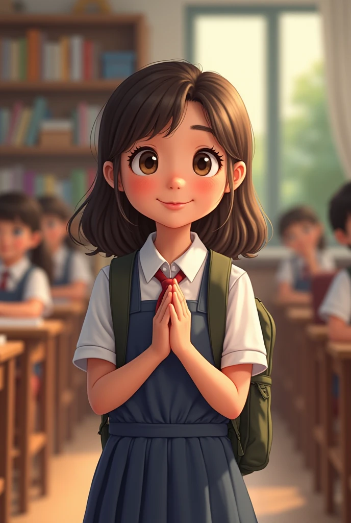 Make a caricature as a perpetualite striving to live as a perfect student, good child, righteous christian. Consider the factors that make you whole. (gender: girl) (bg: school) (Make the girl smily praying while eyes are closed) 