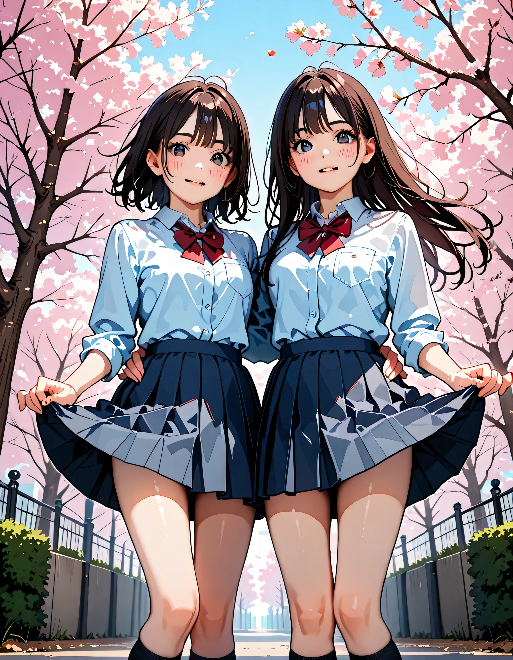 (score_9, score_8_up, score_7_up), source_Anime, absurd_res, white, blue, black, 2girls, duo, super fine illustration, an extremely delicate and beautiful, best quality, masterpiece, 8K, spring setting, cherry blossoms, gentle breeze, sunlight filtering through trees, long silver hair, twin side-up, blue eyes, ultra-beautiful girl, long black hair, half updo, brown eyes, ultra-beautiful girl, blushing faces, surprised expression, embarrassed reaction, skirts lifting from sudden wind, hands desperately holding skirts down, dynamic pose, soft fabric movement, Fluttering petals, warm and bright atmosphere, soft lighting, delicate color palette, detailed clothing folds, flowing hair, lively spring vibe, highly detailed rendering, breathtaking composition,