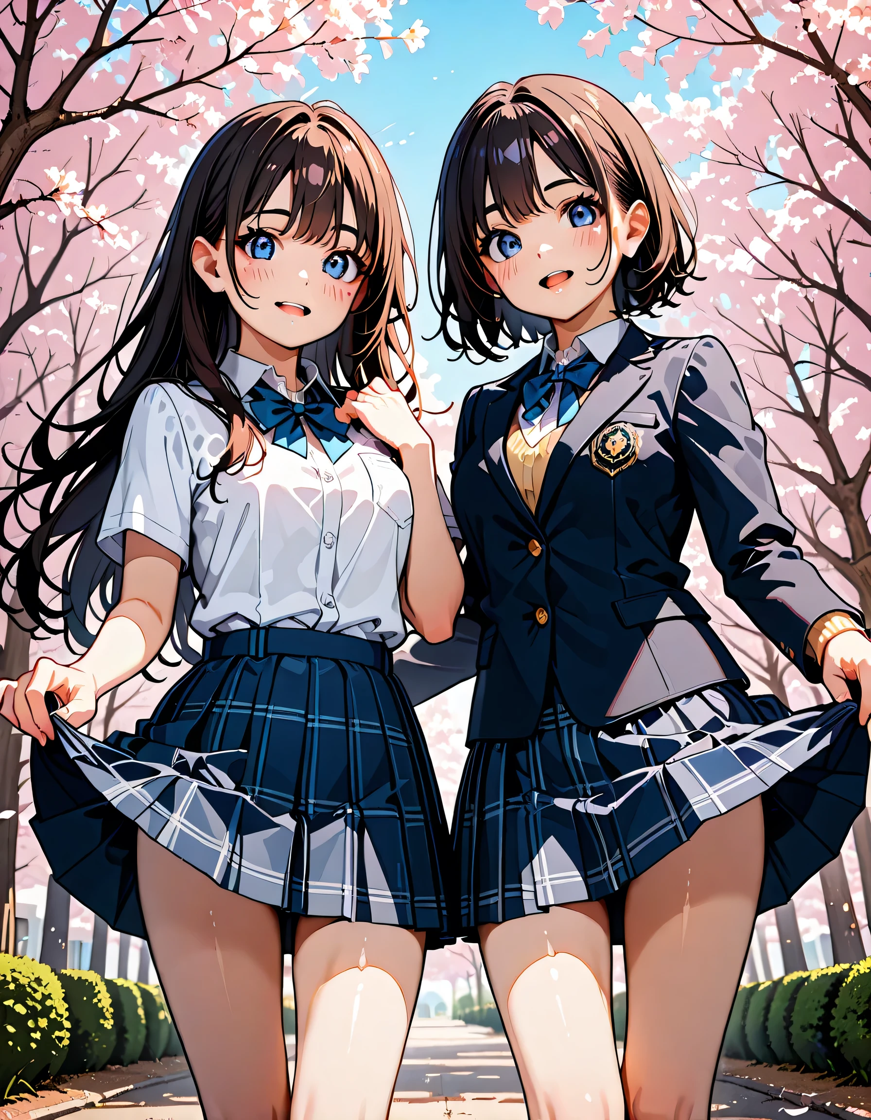 (score_9, score_8_up, score_7_up), source_Anime, absurd_res, white, blue, black, 2girls, duo, super fine illustration, an extremely delicate and beautiful, best quality, masterpiece, 8K, spring setting, cherry blossoms, gentle breeze, sunlight filtering through trees, long silver hair, twin side-up, blue eyes, ultra-beautiful girl, long black hair, half updo, brown eyes, ultra-beautiful girl, blushing faces, surprised expression, embarrassed reaction, skirts lifting from sudden wind, hands desperately holding skirts down, dynamic pose, soft fabric movement, Fluttering petals, warm and bright atmosphere, soft lighting, delicate color palette, detailed clothing folds, flowing hair, lively spring vibe, highly detailed rendering, breathtaking composition,