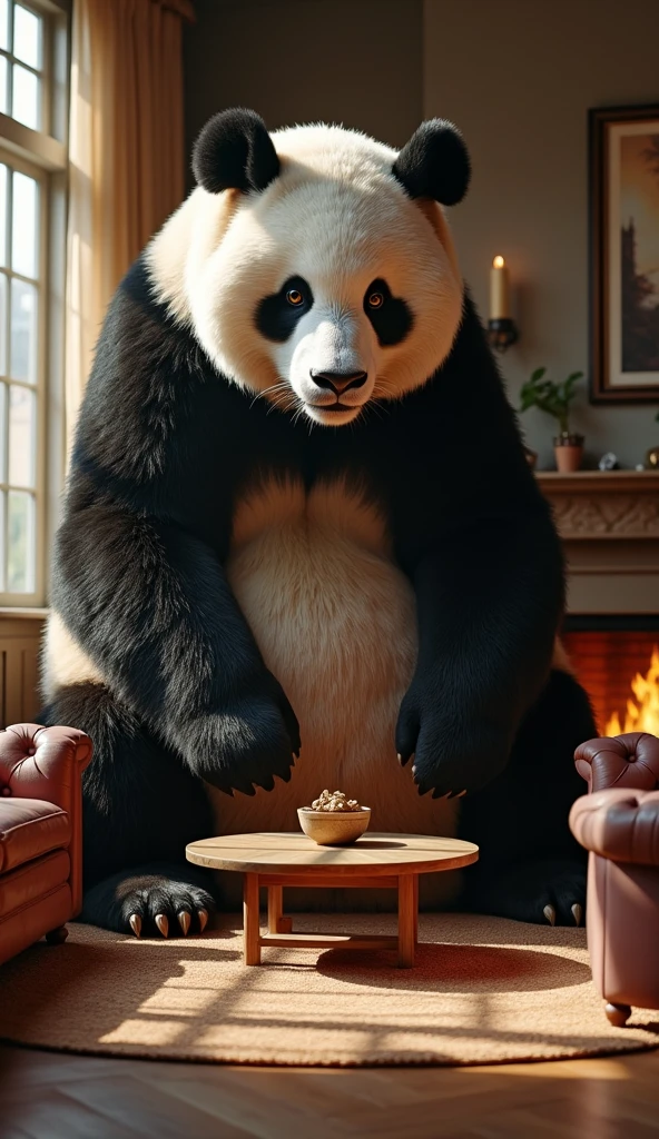 1 Panda with a king's crown, leaning next to a treasure chest, light purple image background, cartoon format