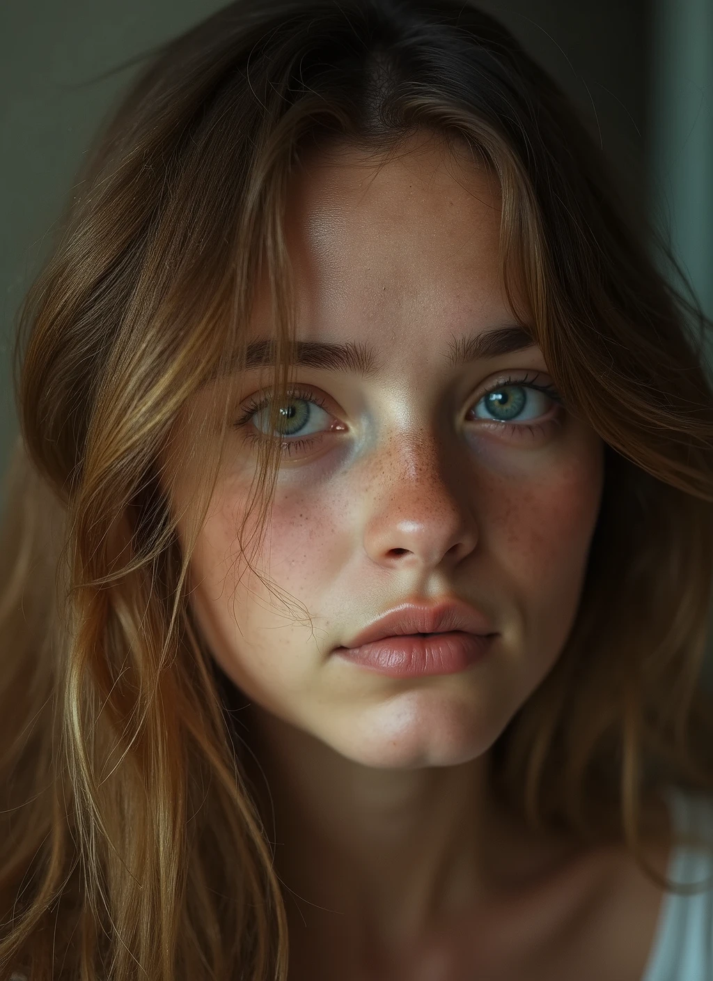 portrait of 1 girl, em casa, loiro, Russian girl, RAW cinema candid, 16 mm, graduated color film on Portra 400 film, remarkable color , hair, Textured Skin, Remarkable detailed pupils,  realistic matte skin noise , visible detail of the skin , fur, pele seca, photo taken with a movie camera