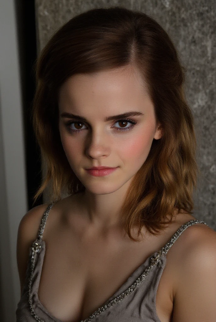 Emma Watson without clothes, no bra, pokies, puffies, big breasts, hard_nips, long hair, ample cleavage, seductive, cowboy shot, 8k, exposed breasts, huge breasts, (enormous breasts:1.3), (very thin waist:1.3), hourglass figure