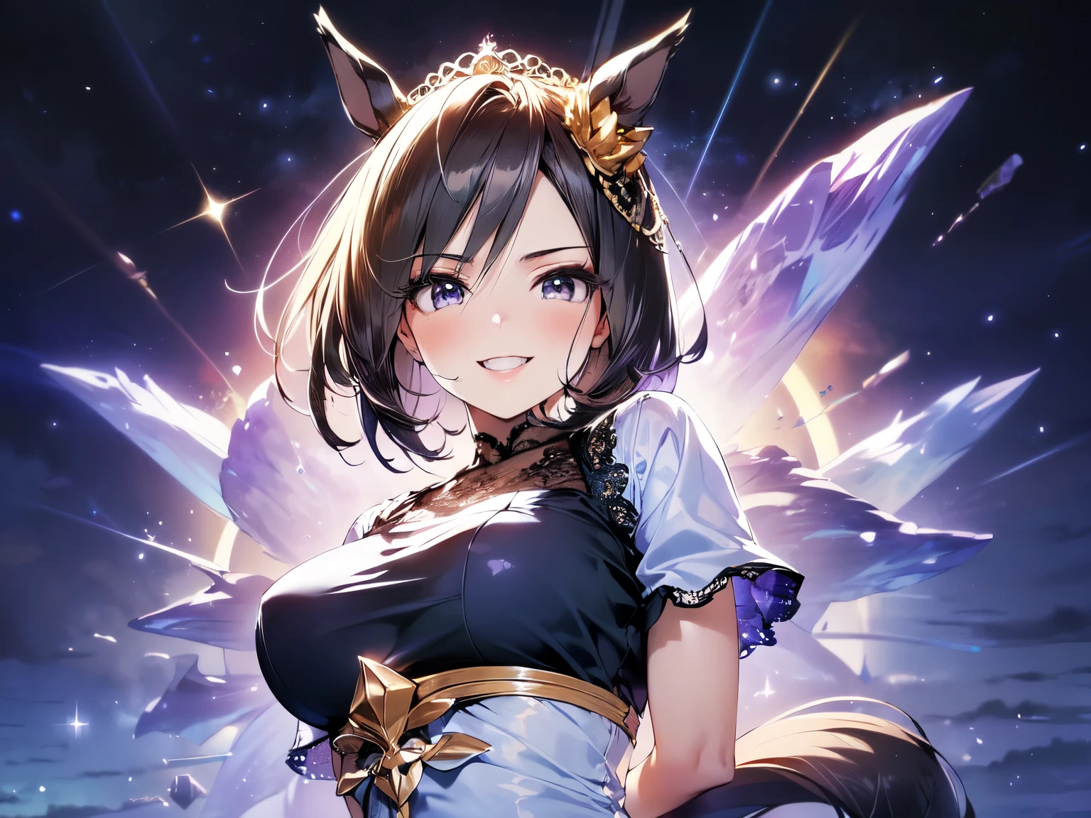 Solo. Girl. (With horse ears: 1.5). (With horse tail: 1.5). (Slender. Nice breasts: 1.5). (Black hair: 1.5). (Arms down: 1.5). (Hands behind back: 1.5). (Blue short sleeve dress with beautiful sheer lace: 1.5). (Wearing a beautiful tiara: 1.5). (Black gloves with beautiful sheer lace: 1.5). (Black pantyhose with beautiful sheer lace: 1.5). (Smiling. Looking at camera: 1.5). (2DCG artwork). (Purple background. Amethyst crystals. Starry sky: 1.5). Exquisite anatomy. (Amazing. High quality. High resolution). (Upper body)