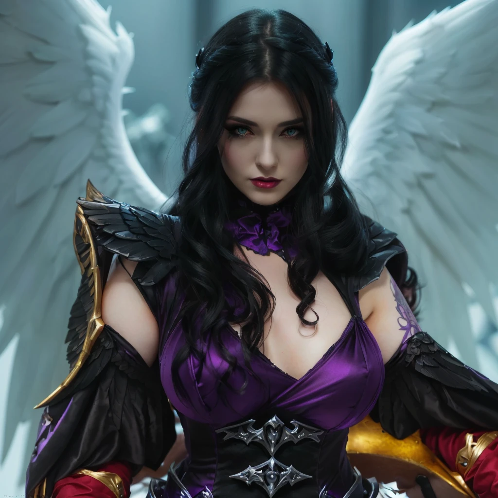 (morgana league of legends), overskirt, purple dress with small gold details, Purple Wings, purples eyes, high resolution, super detaill, 8k, Overview