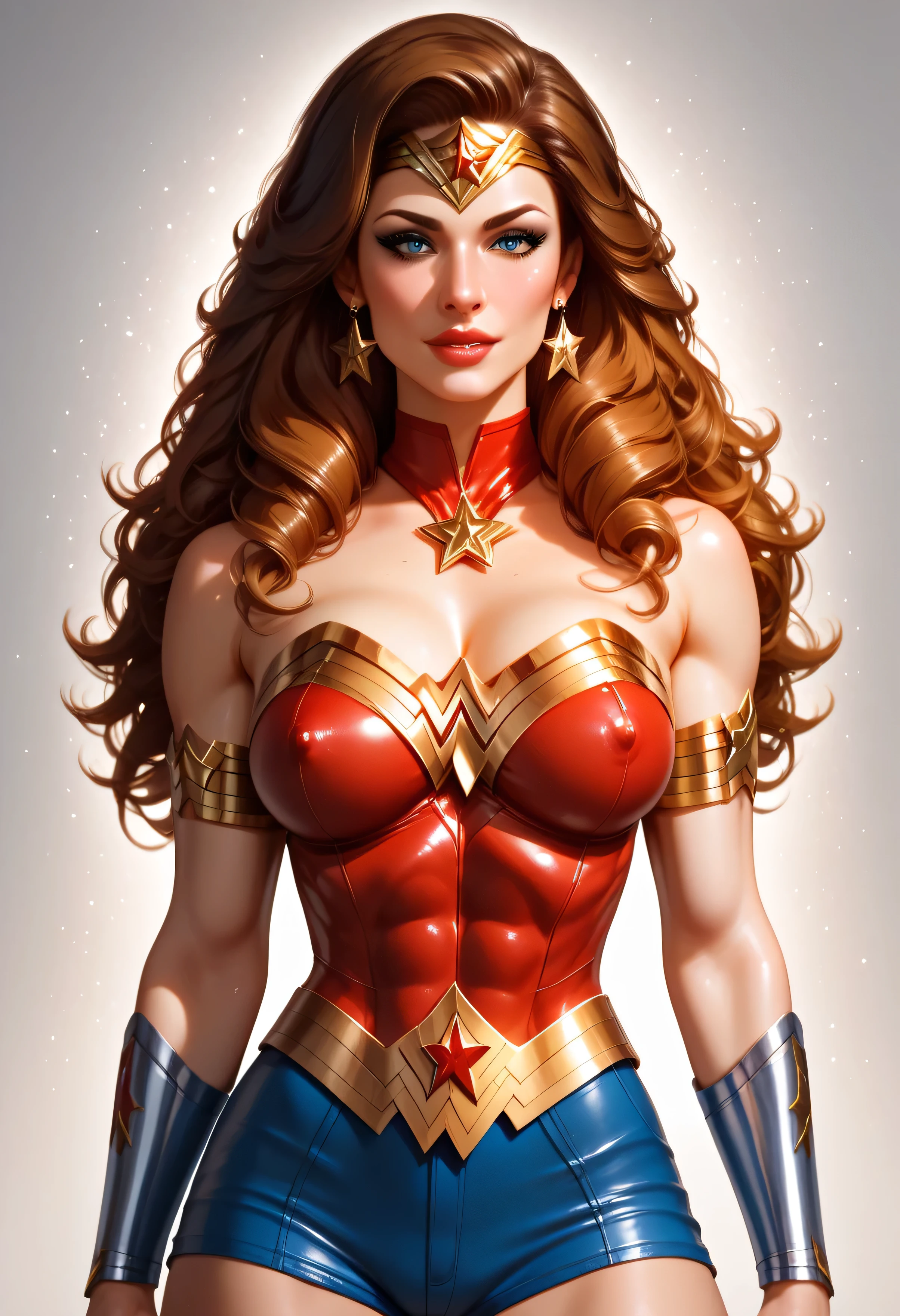 Ultra-detailed, 4K portrait of Wonder Woman inspired by Lynda Carter, 1970s beauty, classic costume with red bustier, gold eagle emblem, blue star-spangled shorts, golden tiara, long wavy dark hair, radiant and elegant expression, heroic pose, cinematic lighting, soft background blur, semi-realistic painting style, sharp facial features, glossy lips, glowing skin, majestic and empowering atmosphere