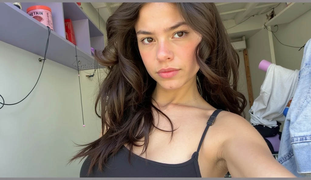 A beautiful woman, dark brown hair, 24 years old, selfie in home, black dress, Morgana Carlos face similar