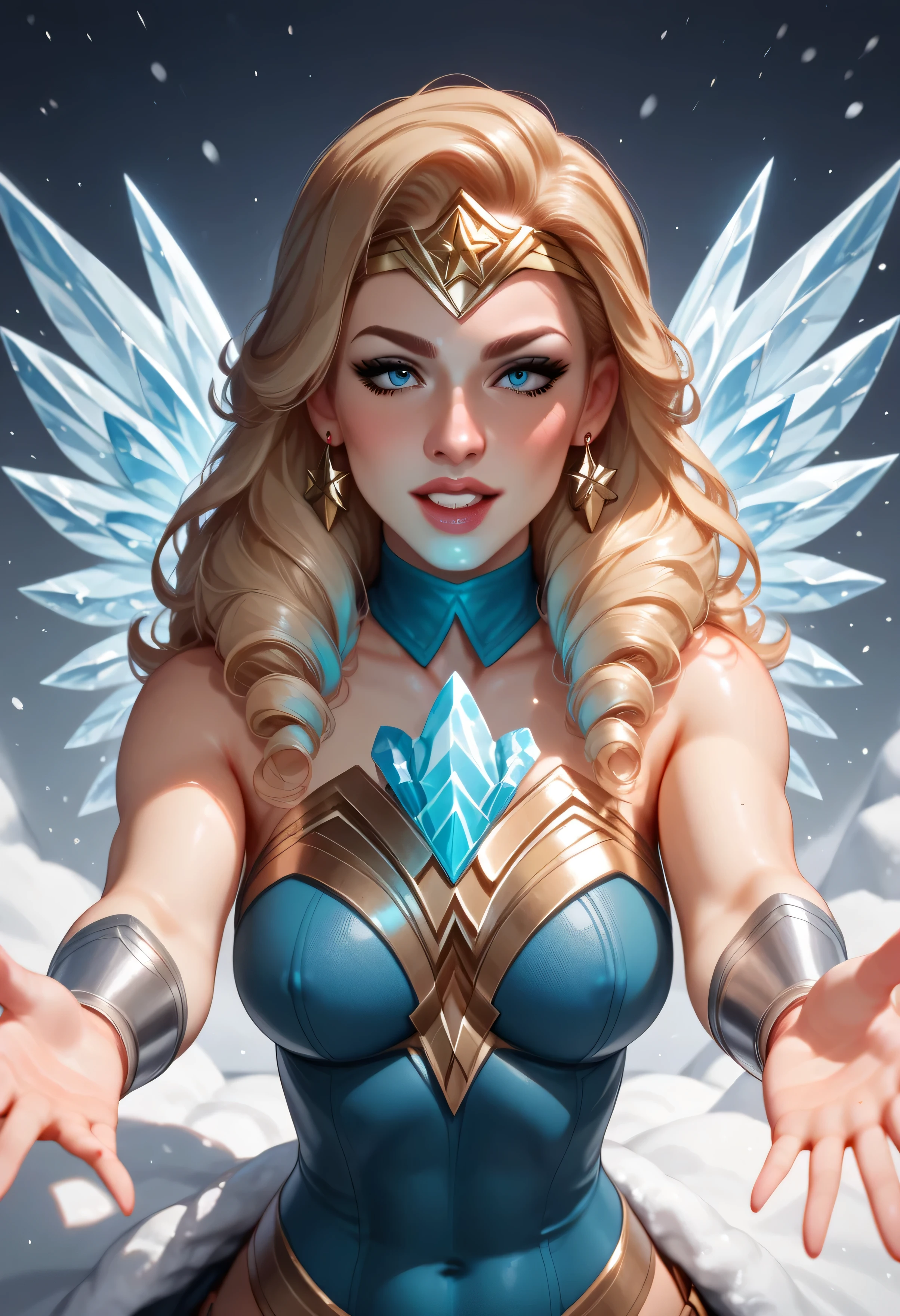 Wonder Woman in a white and silver snow battle suit, Lynda Carter-inspired face, partially encased in magical ice trap, reaching out heroically, snowy mountain landscape, glowing blue ice crystals, snow flurries and cold breath, soft moonlight glinting on costume, vulnerable yet powerful pose, cinematic semi-realistic 4K detail, dramatic lighting and shadows