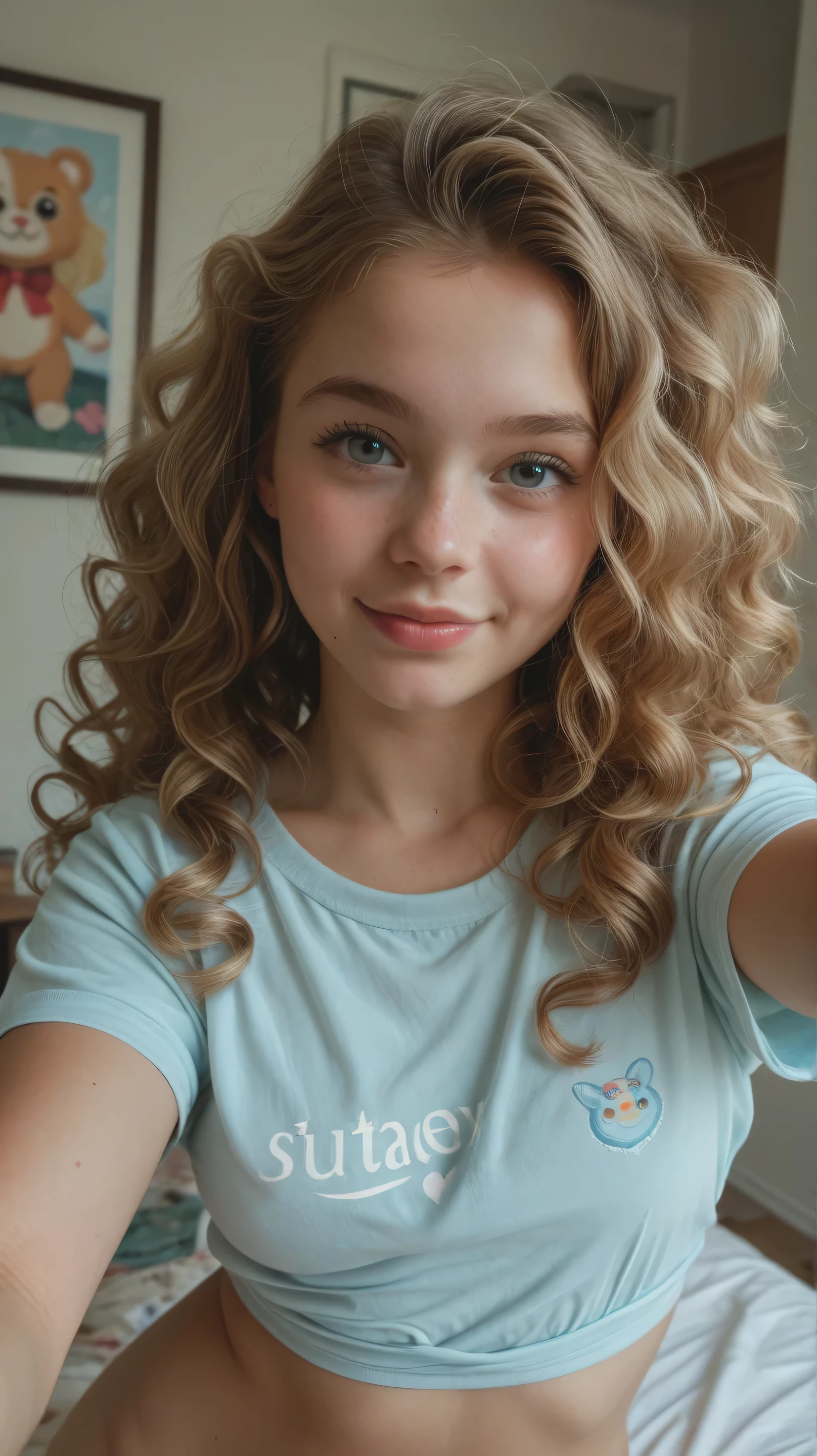 , retrato, front view, Selfie of female students with a cute baby face, nua, showing her vagina, clivagem, wavy hair, upper body

