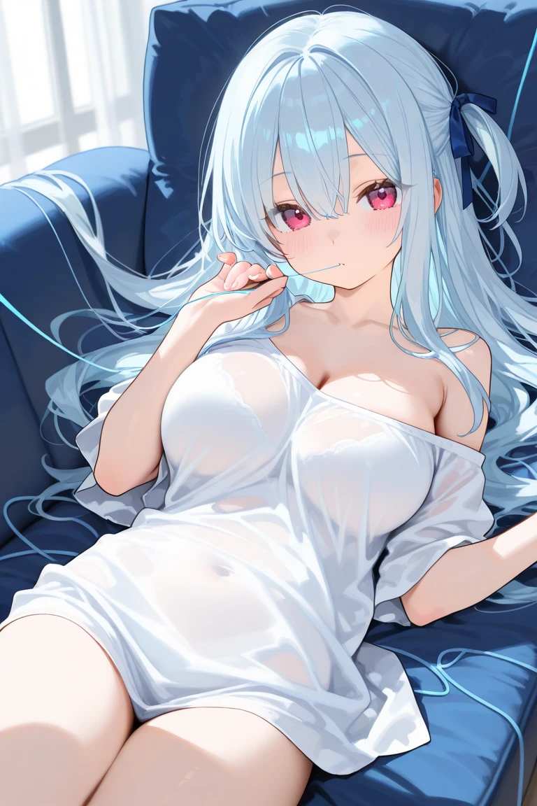 1 girl , (raise the chin:1.2), (kissy face:1.2) ,seiza, upper body ,(thin eyes:1.2) , (face focus), (from above:1.2),dutch angle, POV, cute , blushed, pale blue hair, long hair, shiny hair ,small breasts ,(show-off bra) ,(((masterpiece))), (((best quality))), ((ultra-detailed)), (illustration), ((an extremely delicate and beautiful))