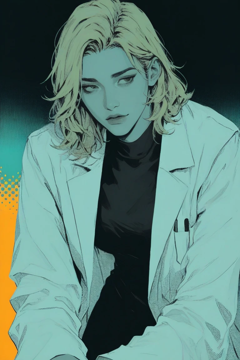 (hyperrealistic), (illustration), (high resolution), (8K), (extremely detailed), (best illustration), (beautiful detailed eyes), (best quality), (super detailed), (masterpiece), (wallpaper), (detailed face), solo, (dynamic pose), 1 girl, white wavy hair on the chair, korean, heterochromic eyes, small moles under the eyes, ((short apron)), medium breasts, long legs, tightens abs, (camel toes), (no panties), (no bra)