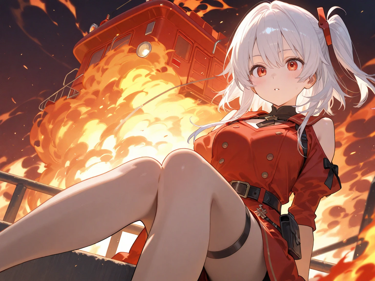 anime, 2d, a girl in a school uniform, mini skirt, falling tottering, closed eyes, screaming, defeated BREAK (torn clothes:1.5), white panty, bra