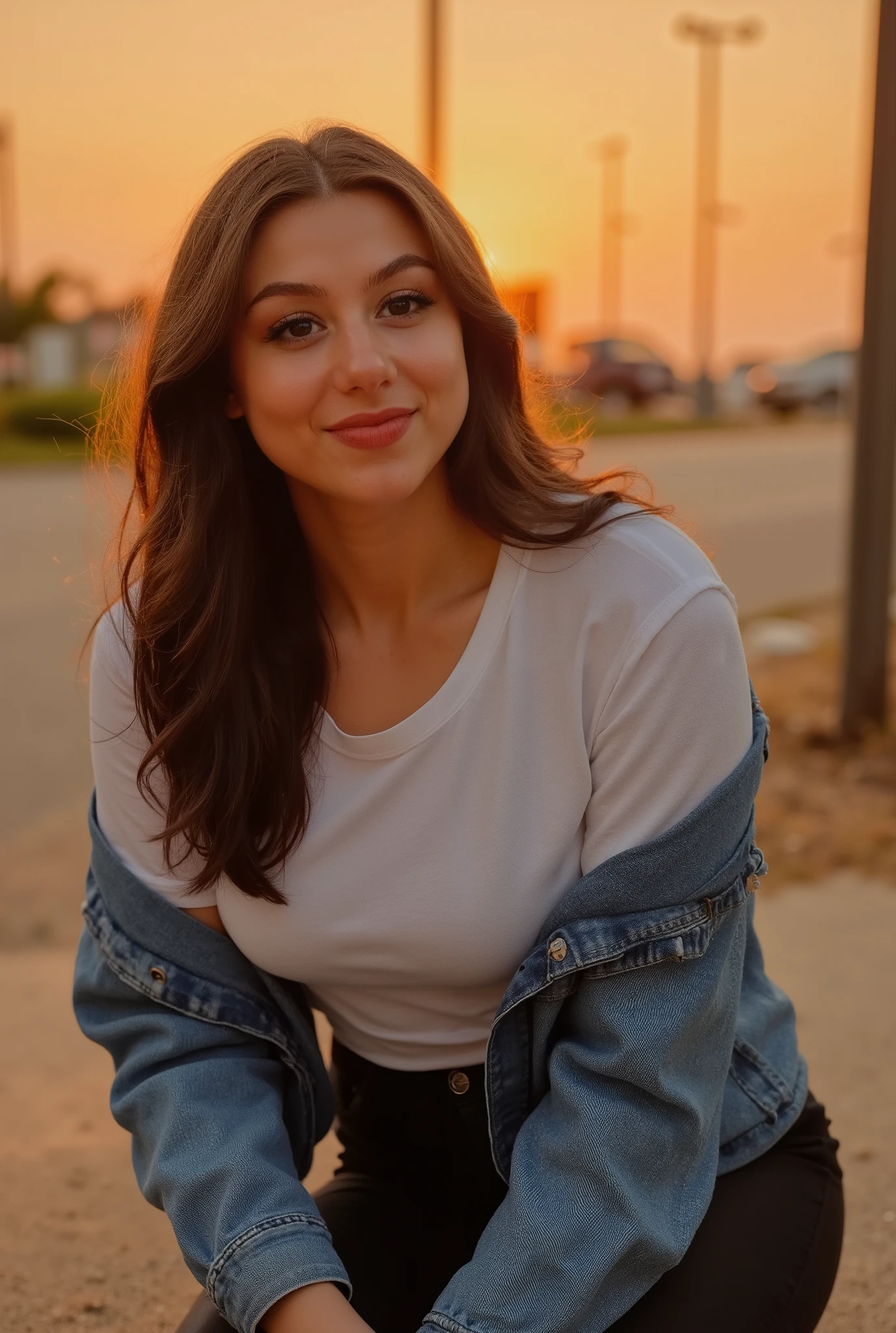 ((kira korasin, big breasts)), A high-resolution photo of kodak style with subtle impressionistic undertones, featuring refined, elegant brushstrokes and a warm, sensual atmosphere. A woman leans forward, her face inches from the camera, as she smiles directly into the lens with a confident, inviting gaze. The warm glow of the setting sun streams down from above, illuminating her face and casting a subtle, alluring radiance on her features, and her eyes sparkle with a hint of quiet intimacy and playful flirtation. Her long brown hair is styled in a wavy, sensual fashion, framing her face and accentuating her features, and her lips are painted a deep, bold red as she smiles, her expression drawing the viewer in with an irresistible sense of charm and seduction, as if sharing a secret or whispering a sweet nothing in their ear, and her white t-shirt and dark skinny jeans are subtly rumpled, as if she's just leaned in close to whisper a confidence, her denim jacket slipping off one shoulder as she gazes up at the viewer with a look of playful, flirtatious invitation.