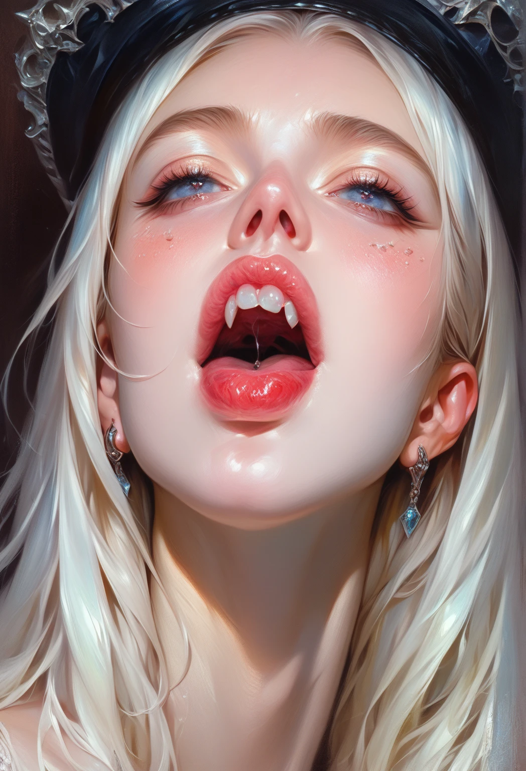 sam yang,
1girl, backlighting, bare shoulders, black choker, blurry, blurry background, blush, breasts, choker, cleavage, closed mouth, collarbone, earrings, forehead, freckles, hair over shoulder, jewelry, long hair, looking down, pointy nose, red lips, shadow, solo, thick eyebrows, thick eyelashes, upper body, white hair, ((masterpiece)), semen, ((cum in mouth)), tongue, too much cum, ((cum)), ((cum on tongue)), after fellatio, ahegao,
<lora:sam_yang-000028:0.65> <lora:samdoesartsSamYang_offsetRightFilesize:1> <lora:murkysCumOnTongue_1:1>