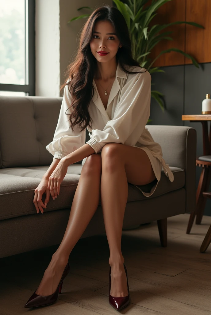 1girl ,Sitting on chair,cross one's legs,Chinese beauty,A day-haired,length hair, blurred background