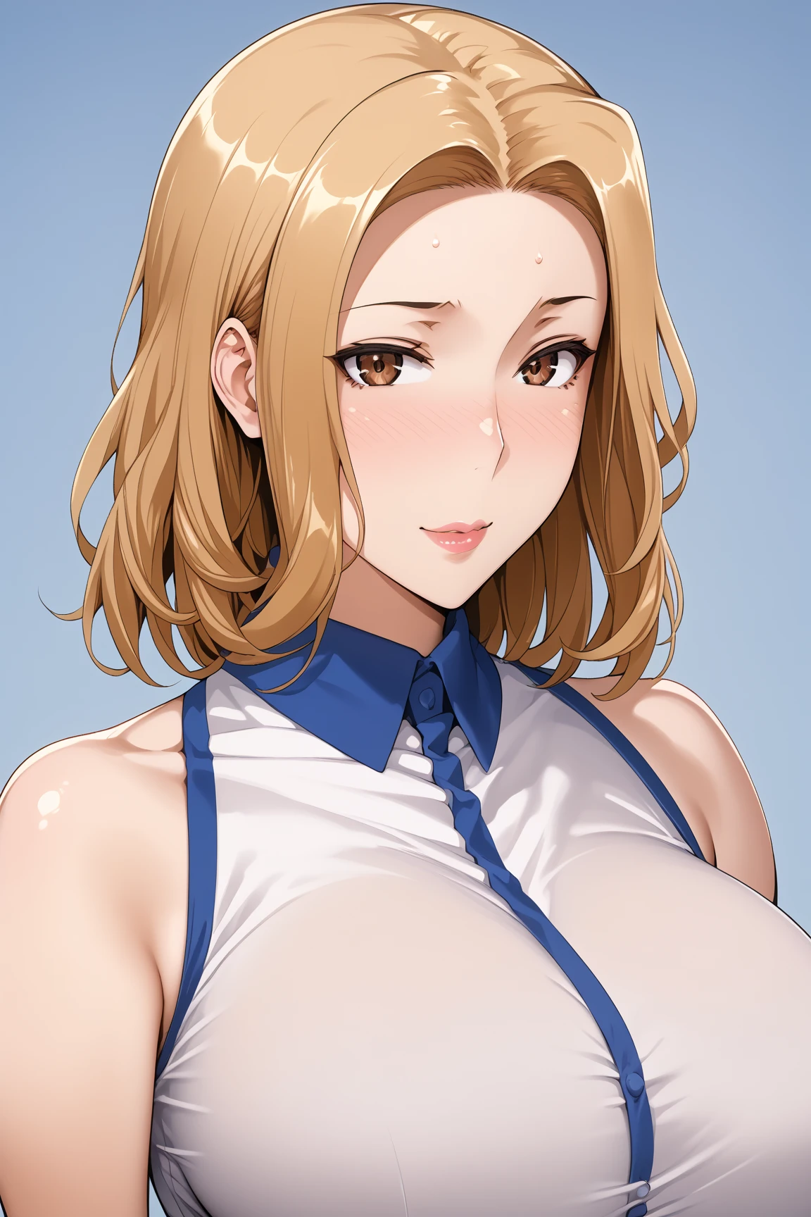 mature female,(large breasts:2.5),(shiny hair),((solo)),((masterpiece)),((best quality)),perfect anatomy,slim waist,perfect image,8k UHD,(beautiful detailed eyes:1.5),extremely detailed face,standing,(upper body:1.3),(look at the front:1.5),arms behindback,ultra-detailed,absurdres,highres,(light brown hair:1.5),((blunt bangs)),erotic lips,((sensitive smile)),sexy mature women,45 years-old,long hair,(blue ribbed sweater),sleeveless,mini skirt, showing off armpits,sweat armpits, sweat