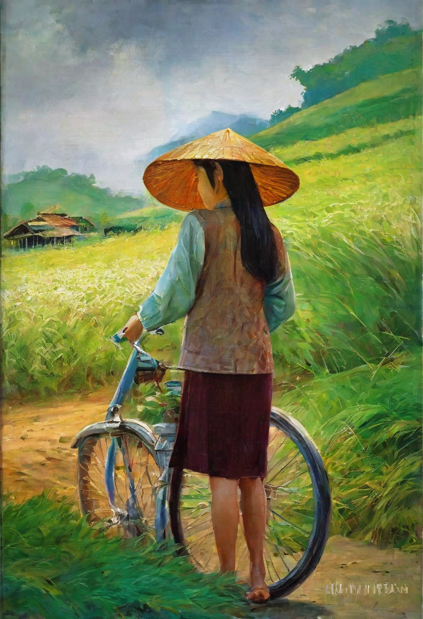 An oil painting of a girl with a traditional Vietnamese hat bicycling in a beautiful field. The girl has eyes and lips with exquisite details. The painting is of the highest quality and ultra-detailed, with vivid colors that bring out the essence of the portrait. The lighting is soft, accentuating the girl's features and creating a dreamy atmosphere. The art style is influenced by Renoir, Van Gogh, Chirico, and Leonardo da Vinci, resulting in a masterpiece that captures the beauty of the scene.