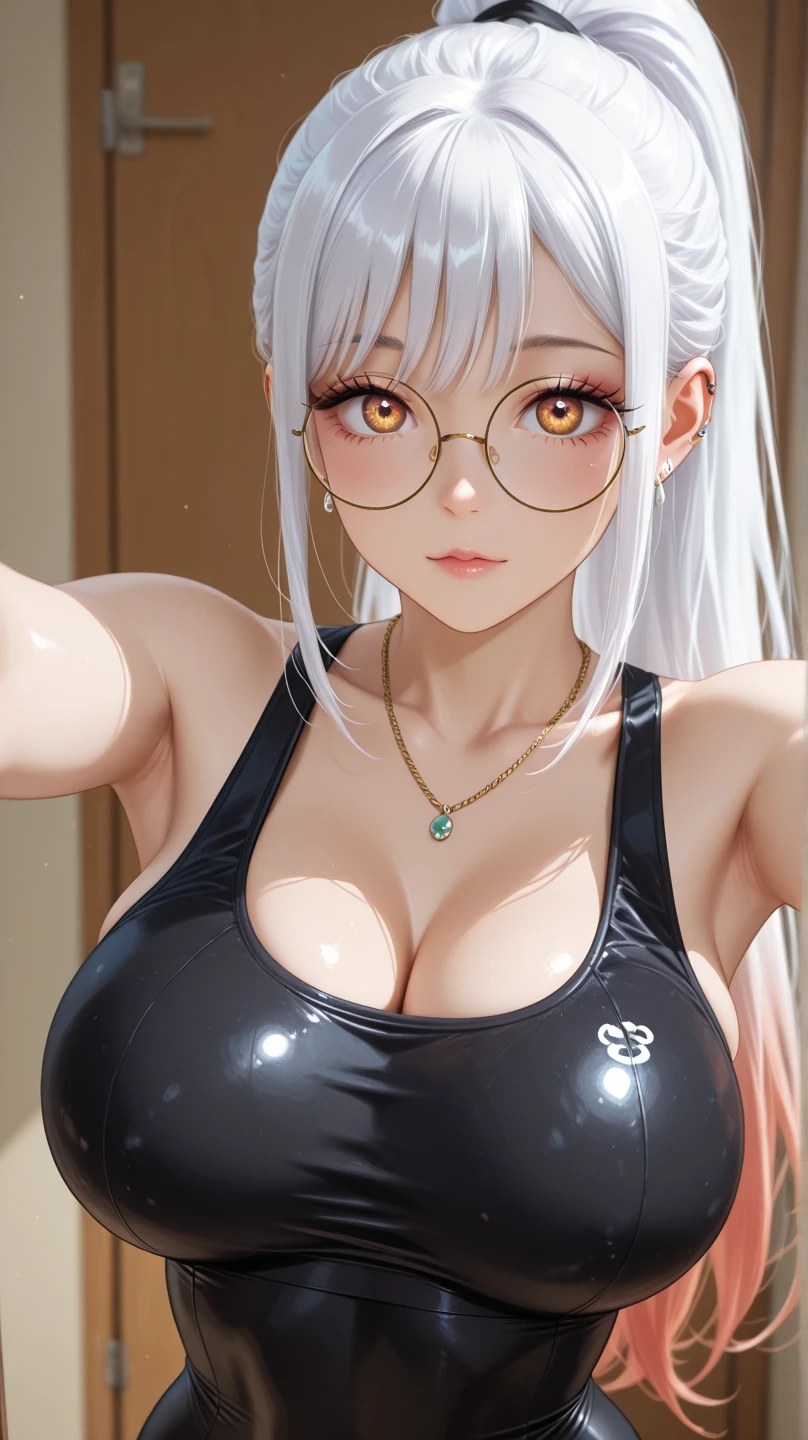 one-girl,circle glasses,Tattooed with, One-piece turtleneck white sleeveless sweater, Long white cotton socks, The lips are slightly open, Red-faced, Wet hair,Sweat all over the body,sit on a bed, crisp breasts, Convex buttocks, Grab your chest with both hands,Detailed background, Clothing details, perfectly proportioned, Multiple perspectives,filmgrain, Fuji colors, lightand shade contrast, tmasterpiece, high detal, high qulity, A high resolution, Cinematic lighting, 8K, Textured skin, Super detail
